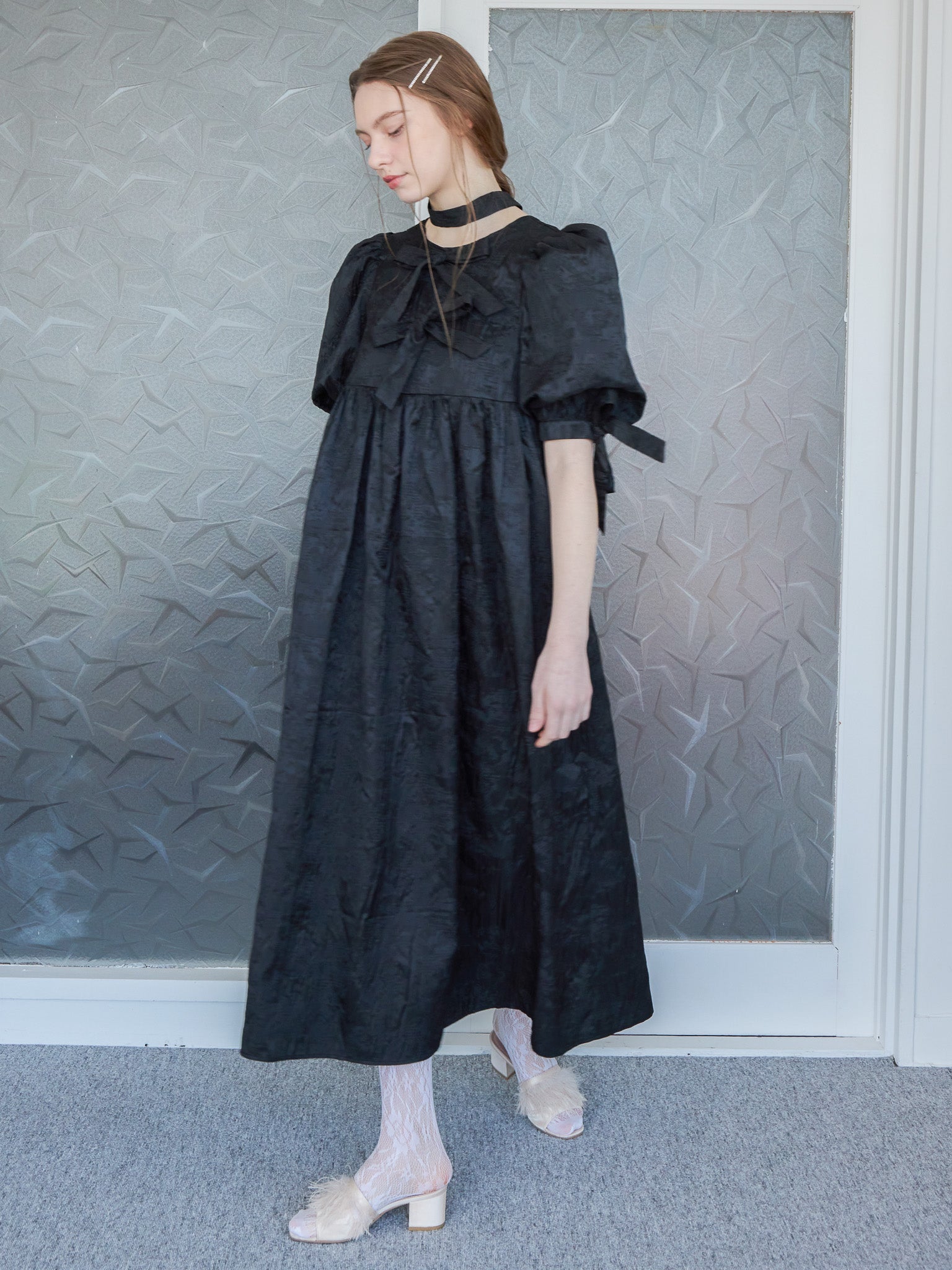 Ribbon jaquard volume dress ブラック size:M model:171cm ANIUTA