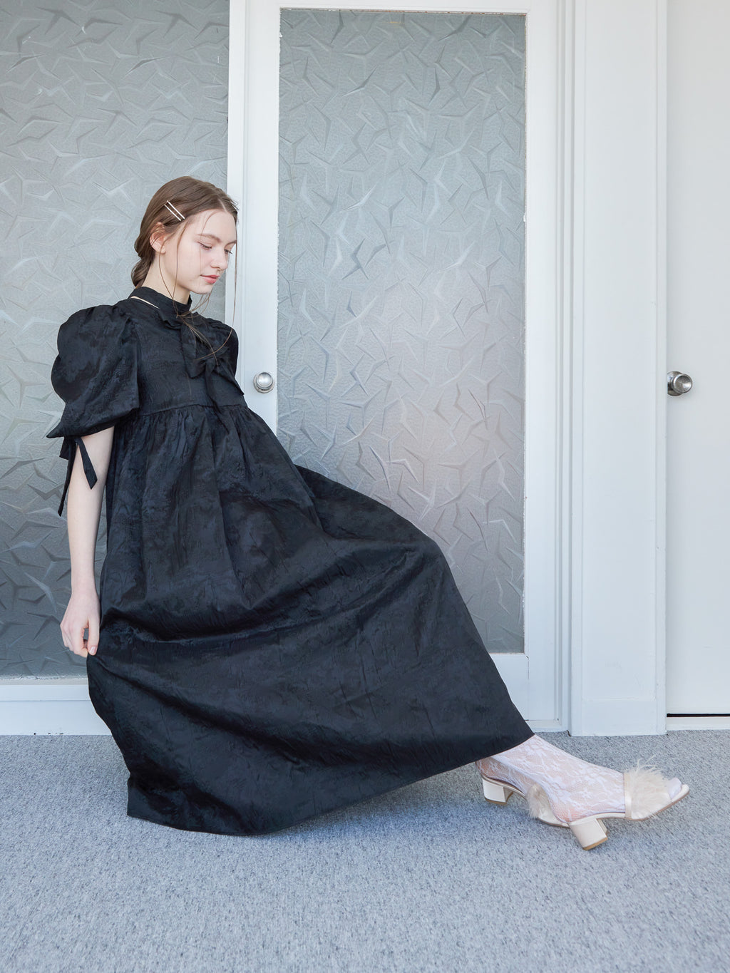 Ribbon jaquard volume dress ブラック size:M model:171cm ANIUTA