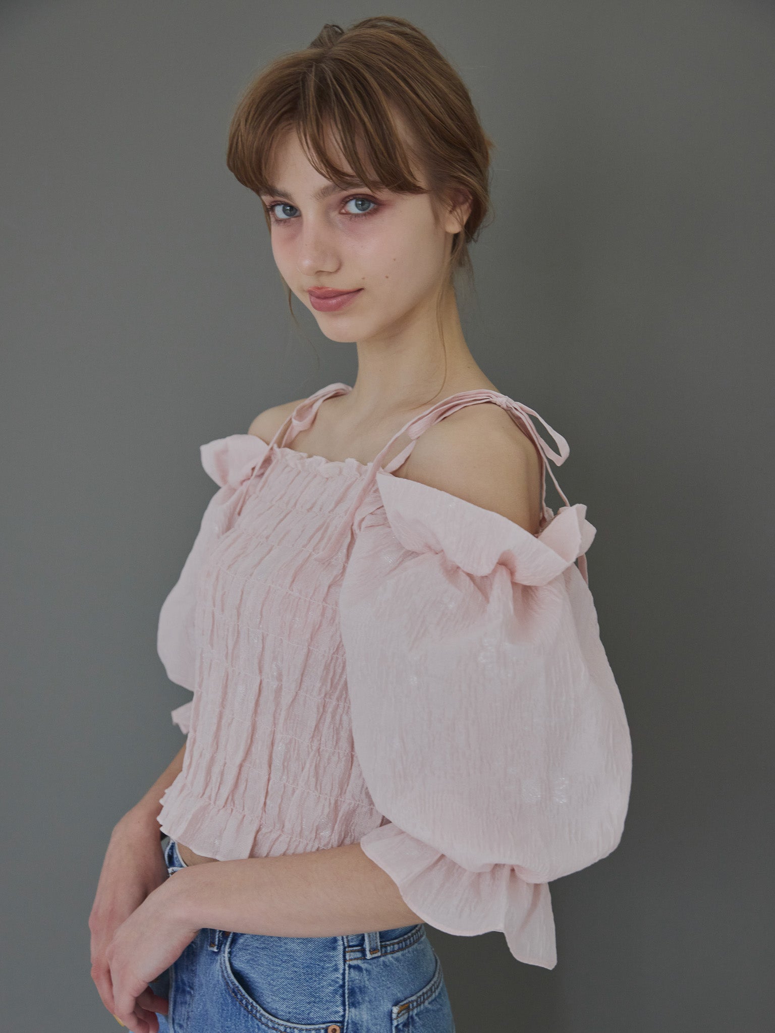 Sheer jacquard off shoulder blouse ピンク size:M model:175cm MARTA