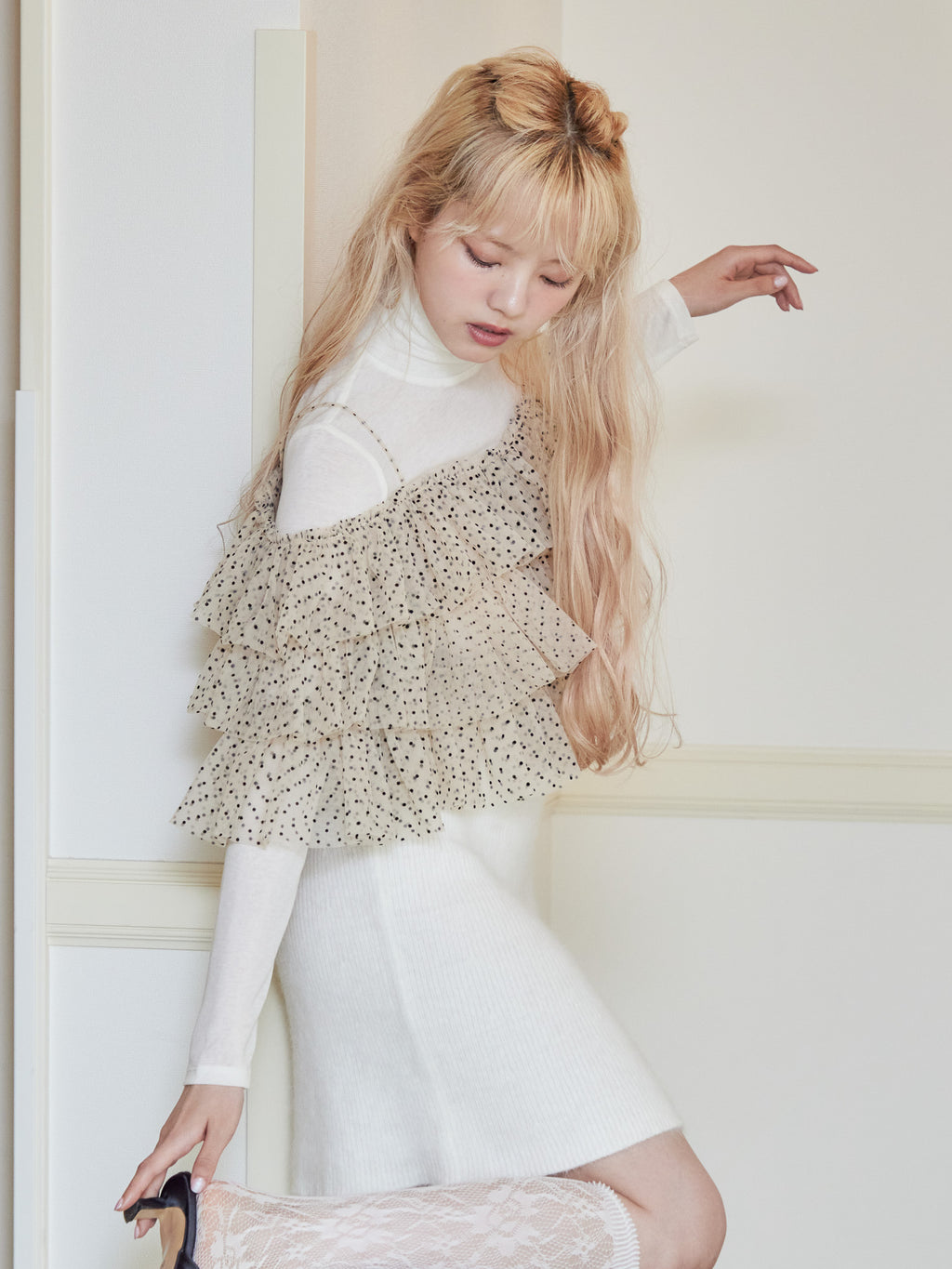 Dot tulle ruffle & knit top set ベージュ size:M model:163cm MINAMI