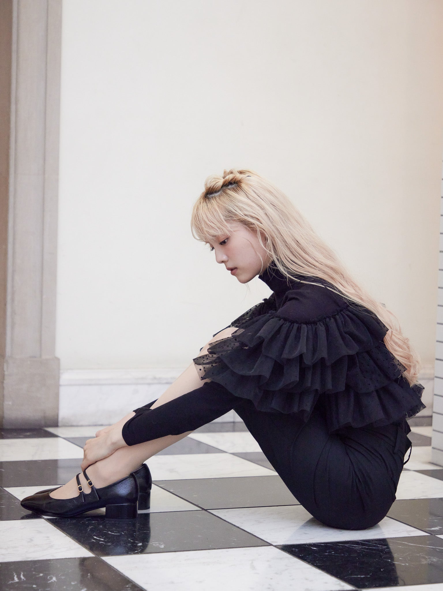 Dot tulle ruffle & knit top set ブラック size:M model:163cm MINAMI