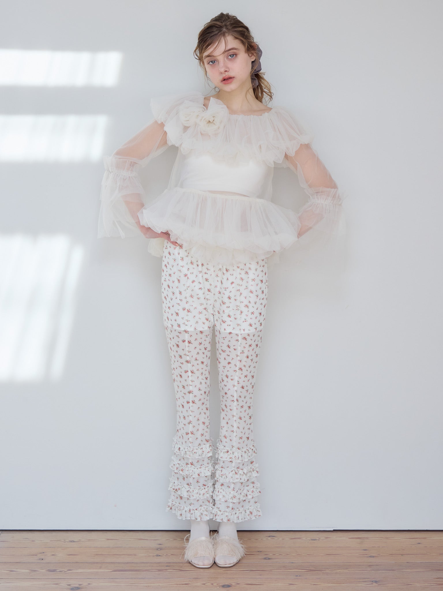 Frill tulle print pants アイボリー size:M model:174cm KATERYNA