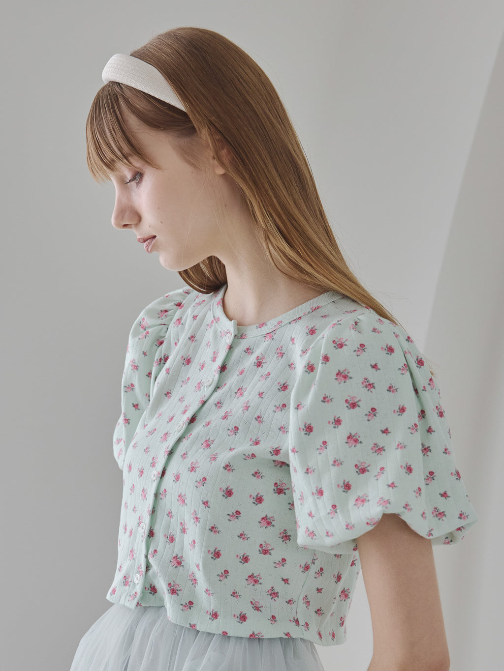 Tulle hem small floral print cardigan ミント size:M model:175cm MARTA