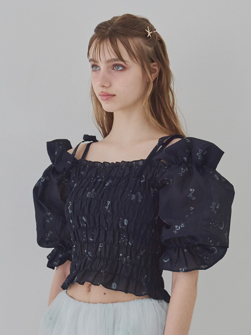 Sheer jacquard off shoulder blouse ネイビー size:M model:175cm MARTA