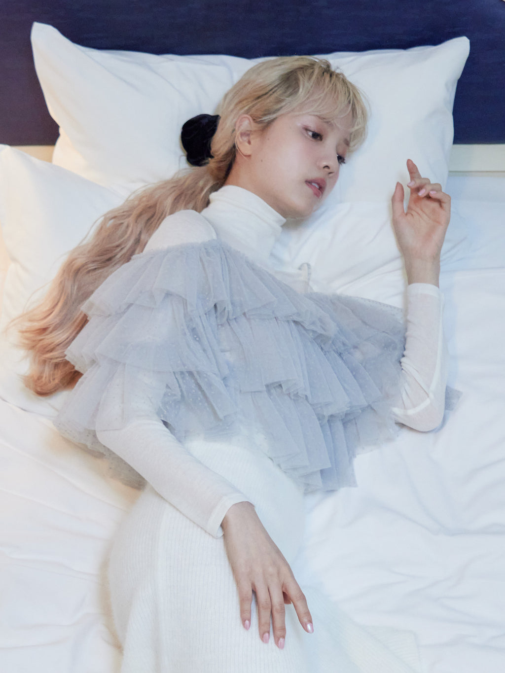 Dot tulle ruffle & knit top set ライトグレー size:M model:163cm MINAMI