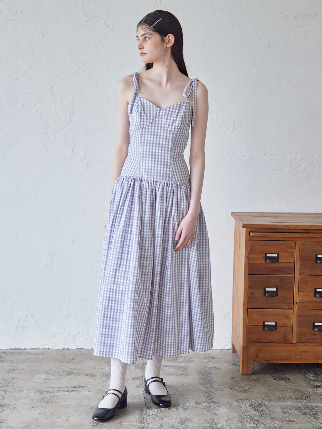 Gingham check back open dress ライトグレー size:M model:170cm ALICE