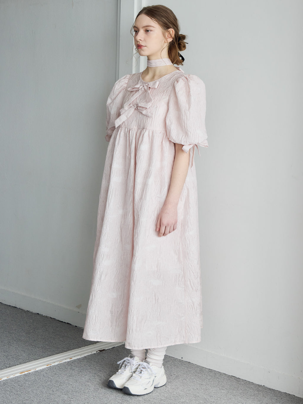 Ribbon jaquard volume dress ピンク size:M model:171cm ANIUTA
