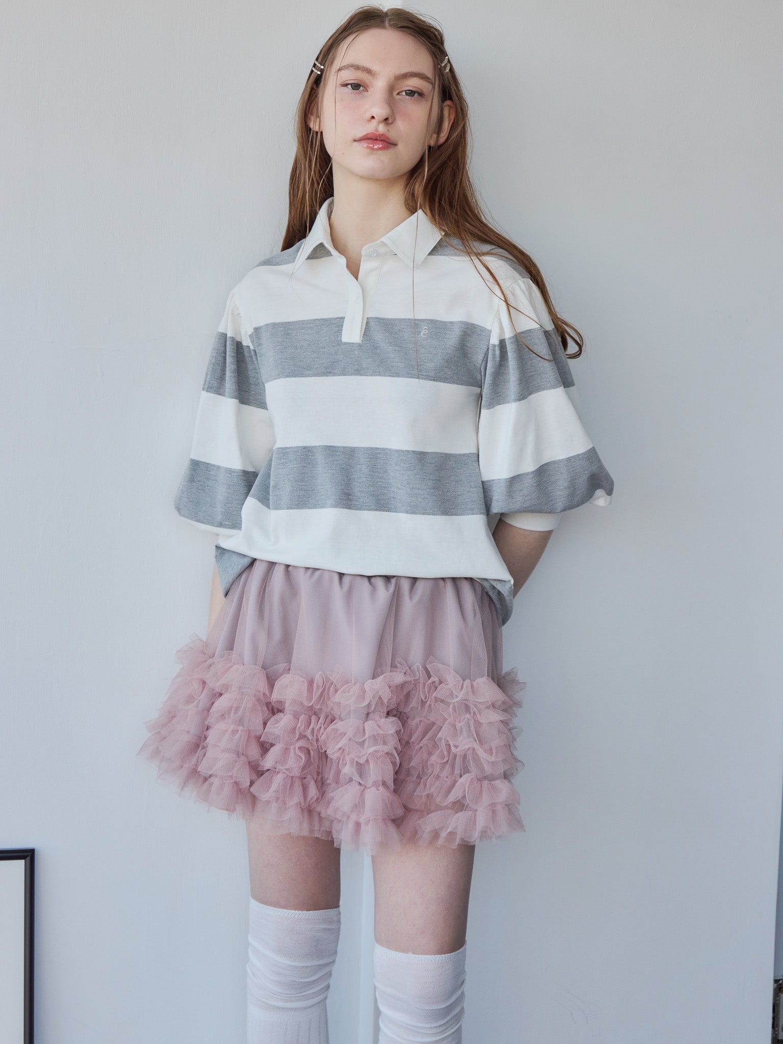 Rugby shirt and frill pants skirt グレー size:M model:171cm ANIUTA