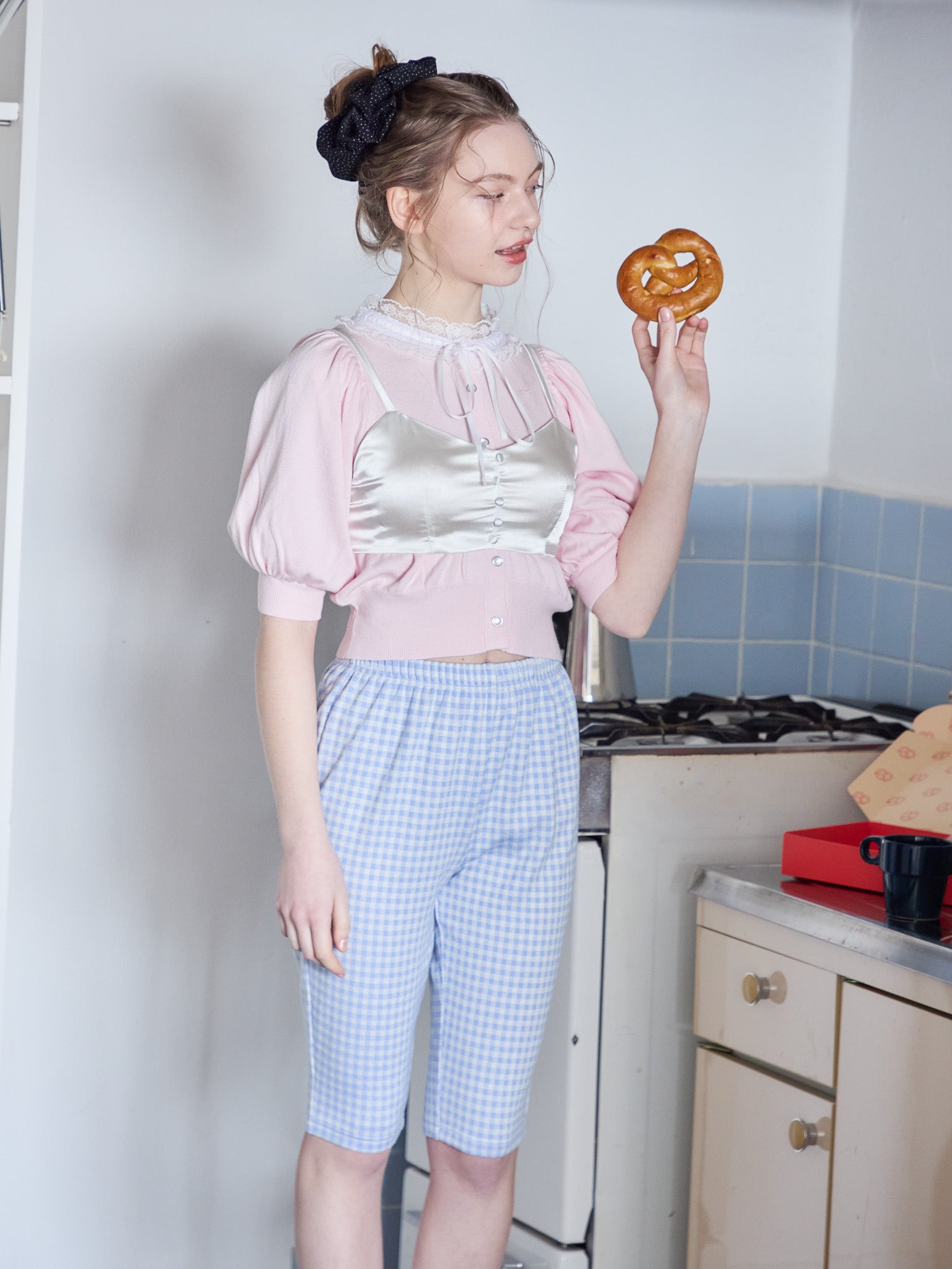 Lace collar puff sleeve cardigan ピンク size:M model:171cm ANIUTA
