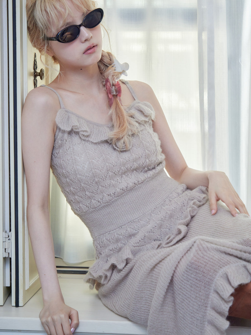 Mohair crochet cami dress モカ size:M model:163cm MINAMI
