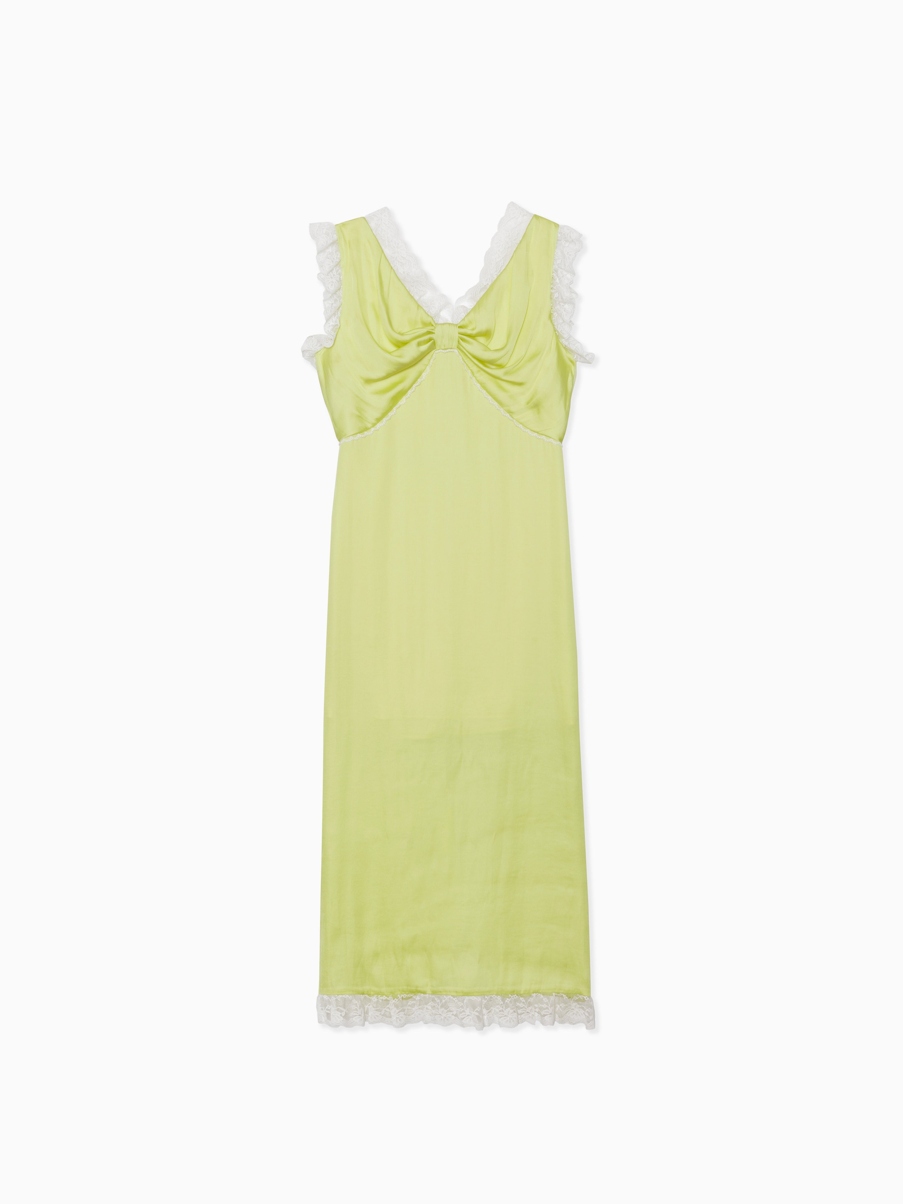 Lace trim satin ribbon dress ライム