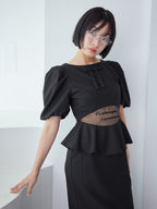 Sheer embroidered puff sleeve dress ブラック size:M model:161cm 富樫かなえ