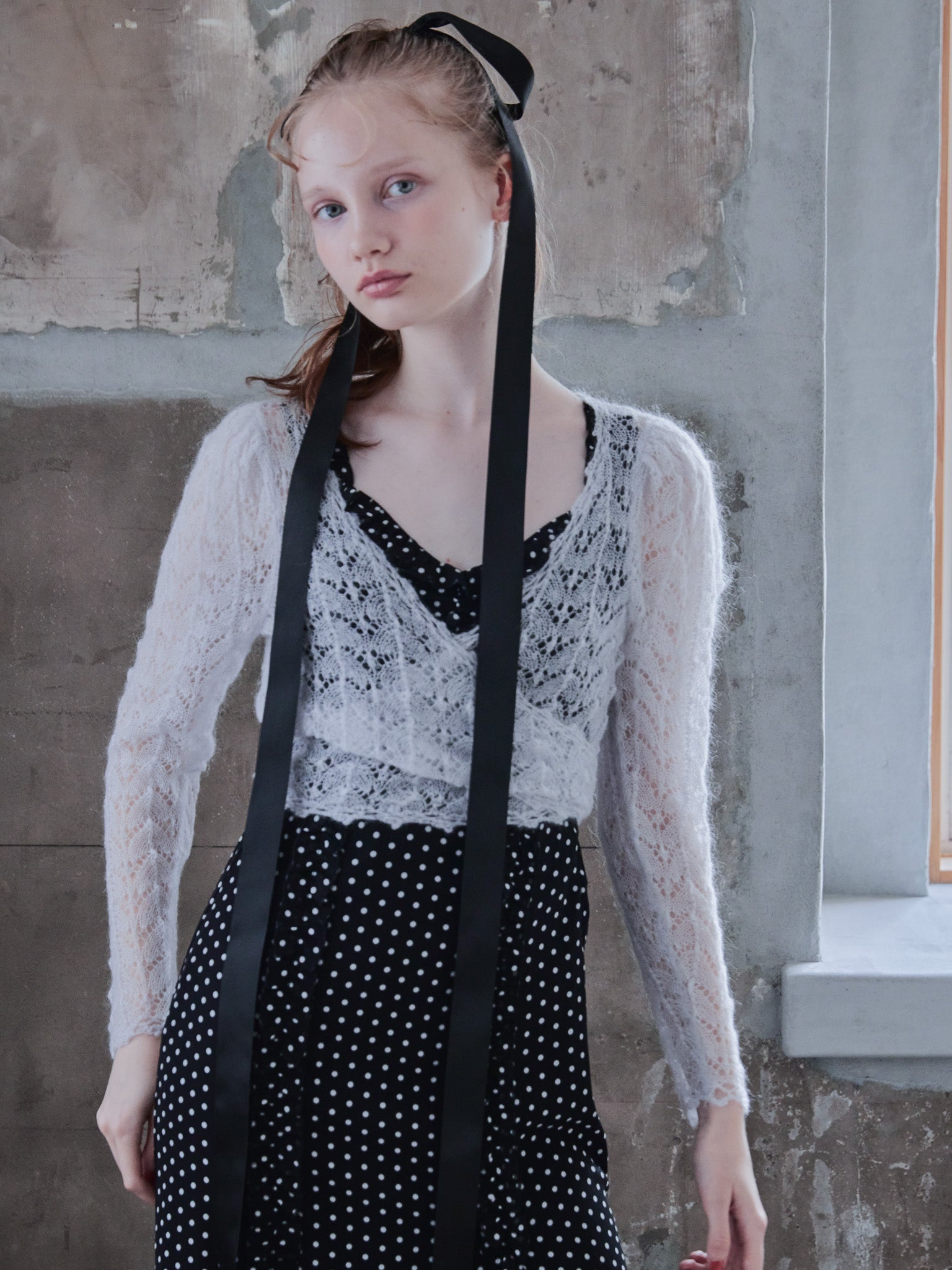 Mohair crochet ribbon cardigan ライトグレー size:M model:173cm DASHA.G