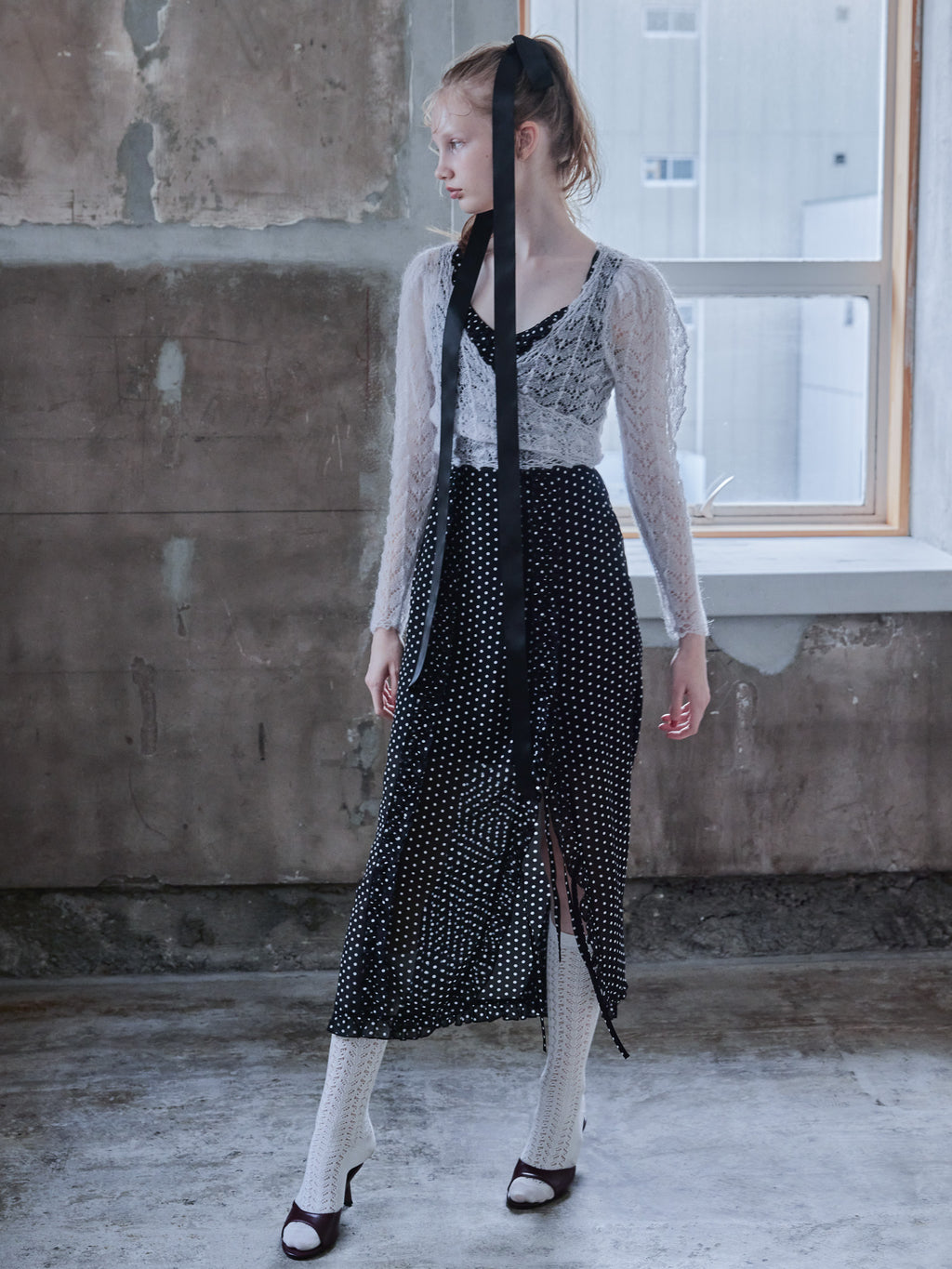 Mohair crochet ribbon cardigan ライトグレー size:M model:173cm DASHA.G