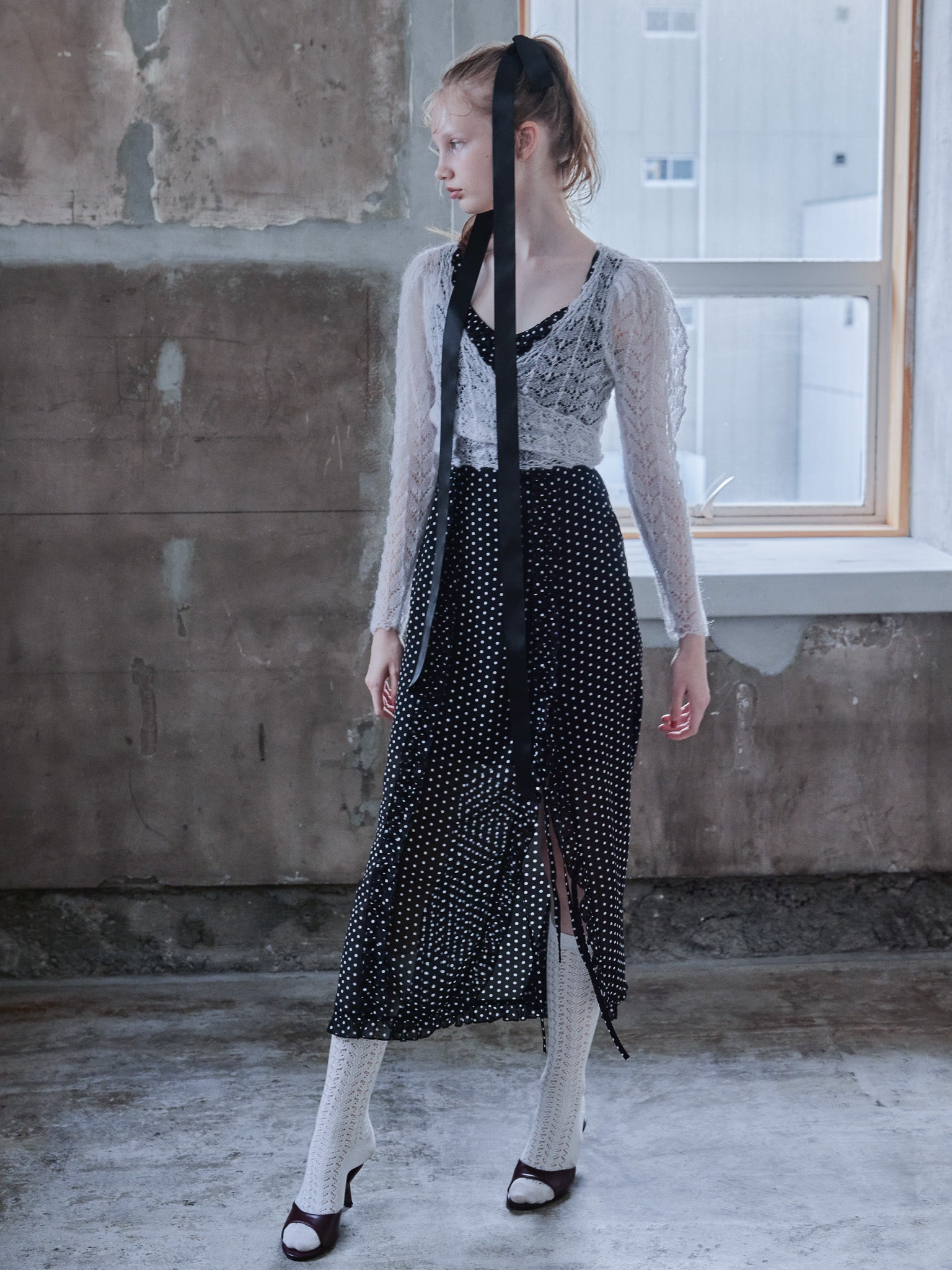 Mohair crochet ribbon cardigan ライトグレー size:M model:173cm DASHA.G