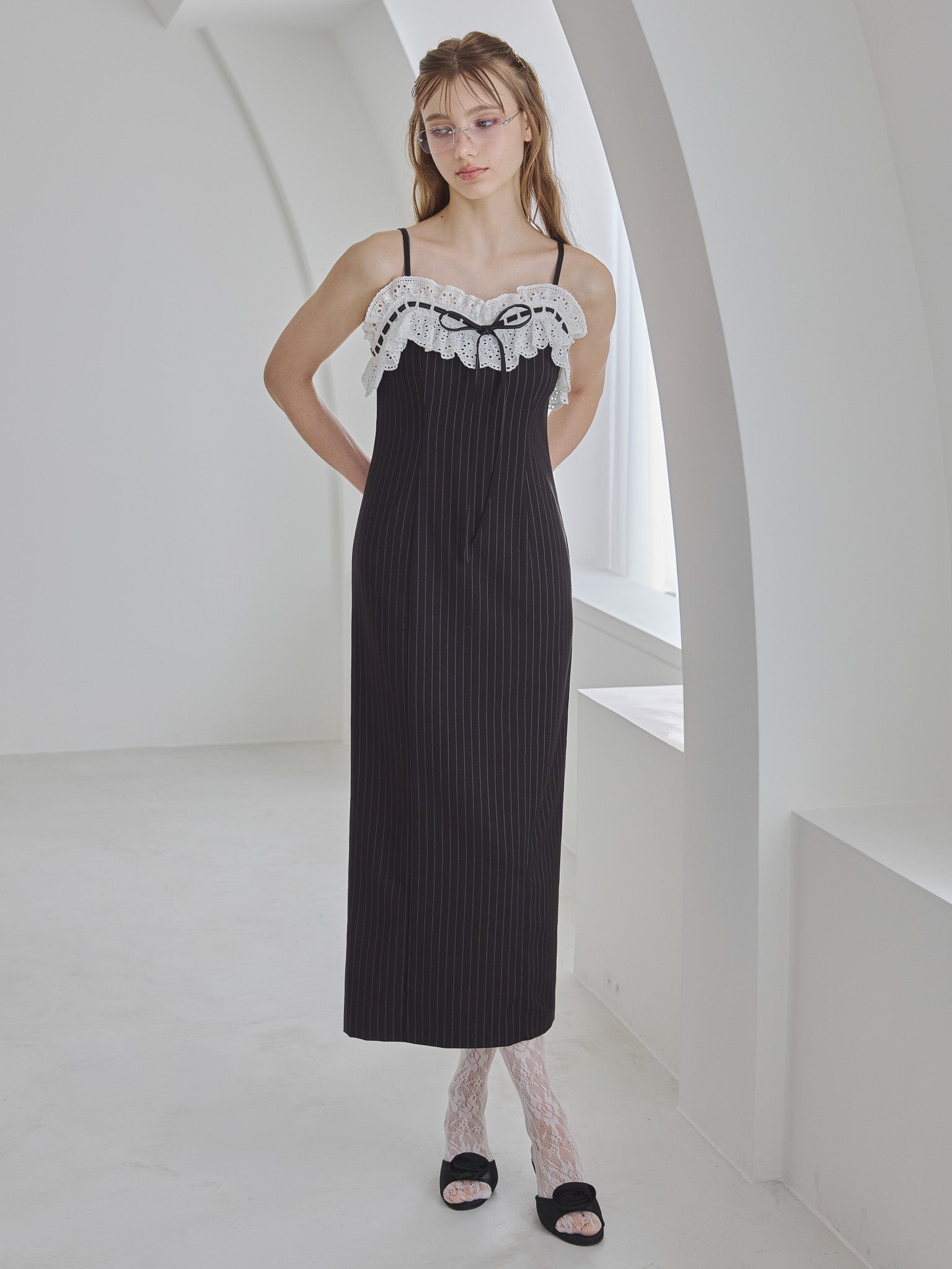 Lace ribbon stripe tight dress ブラック size:M model:175cm MARTA