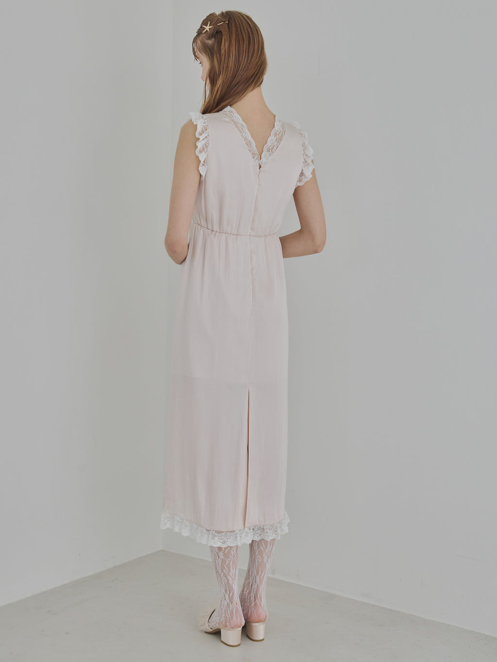Lace trim satin ribbon dress ピンクベージュ size:M model:175cm MARTA