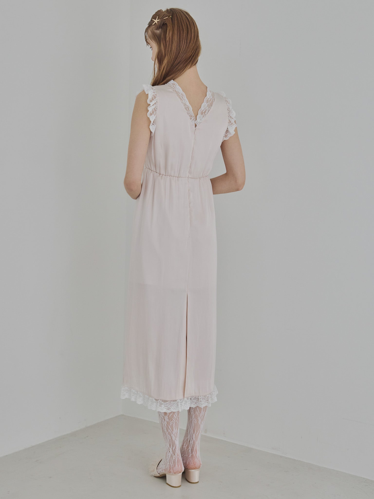 Lace trim satin ribbon dress ピンクベージュ size:M model:175cm MARTA