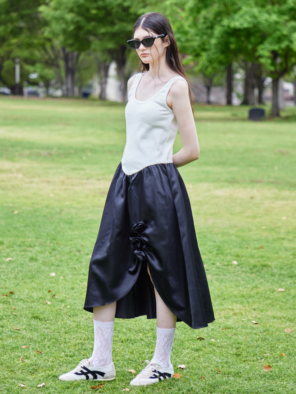 Rose satin docking rib dress ブラック size:M model:170cm ALICE