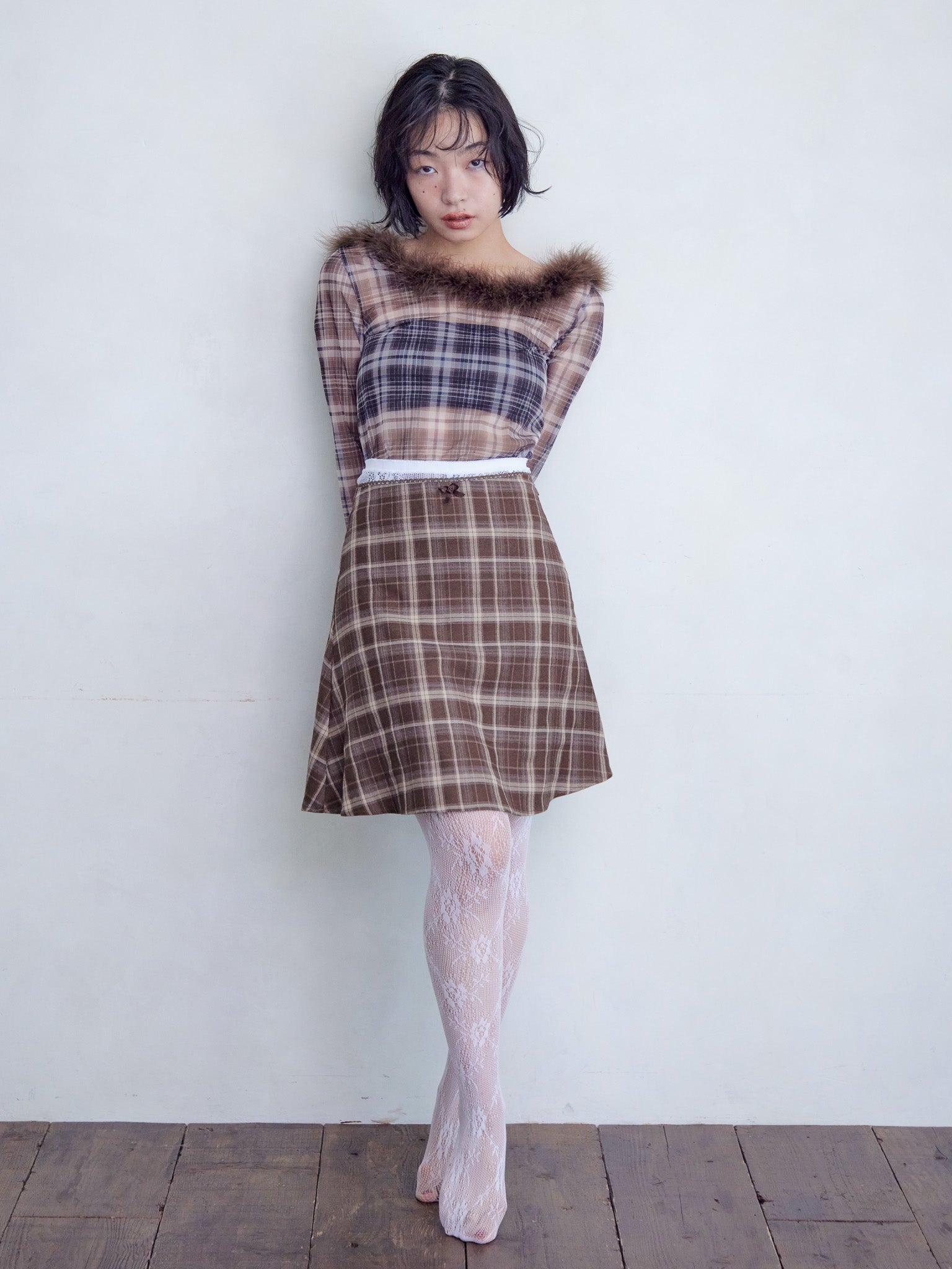 Fur trimmed sheer top ブラウン size:M model:161cm 富樫かなえ