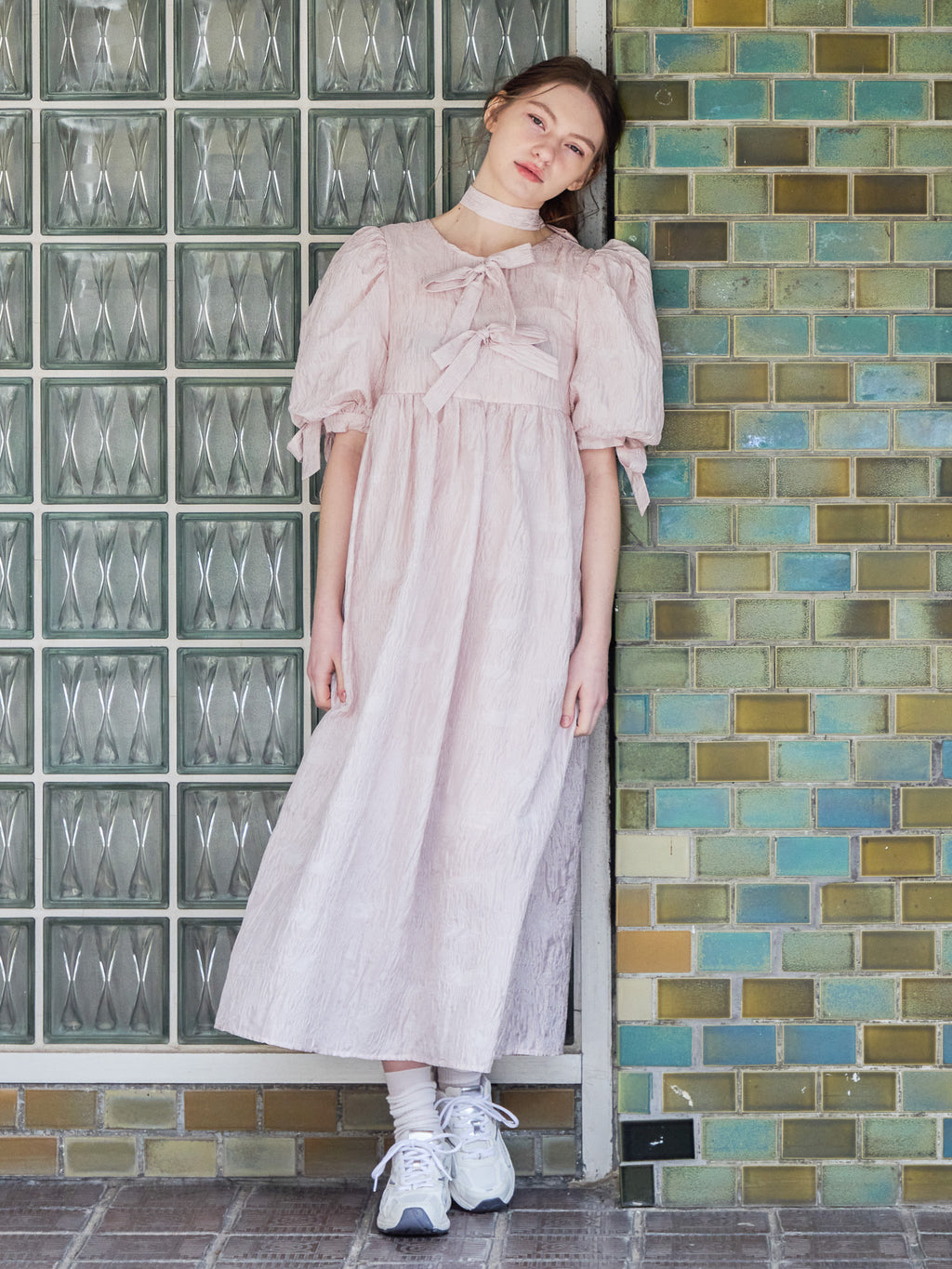 Ribbon jaquard volume dress ピンク size:M model:171cm ANIUTA