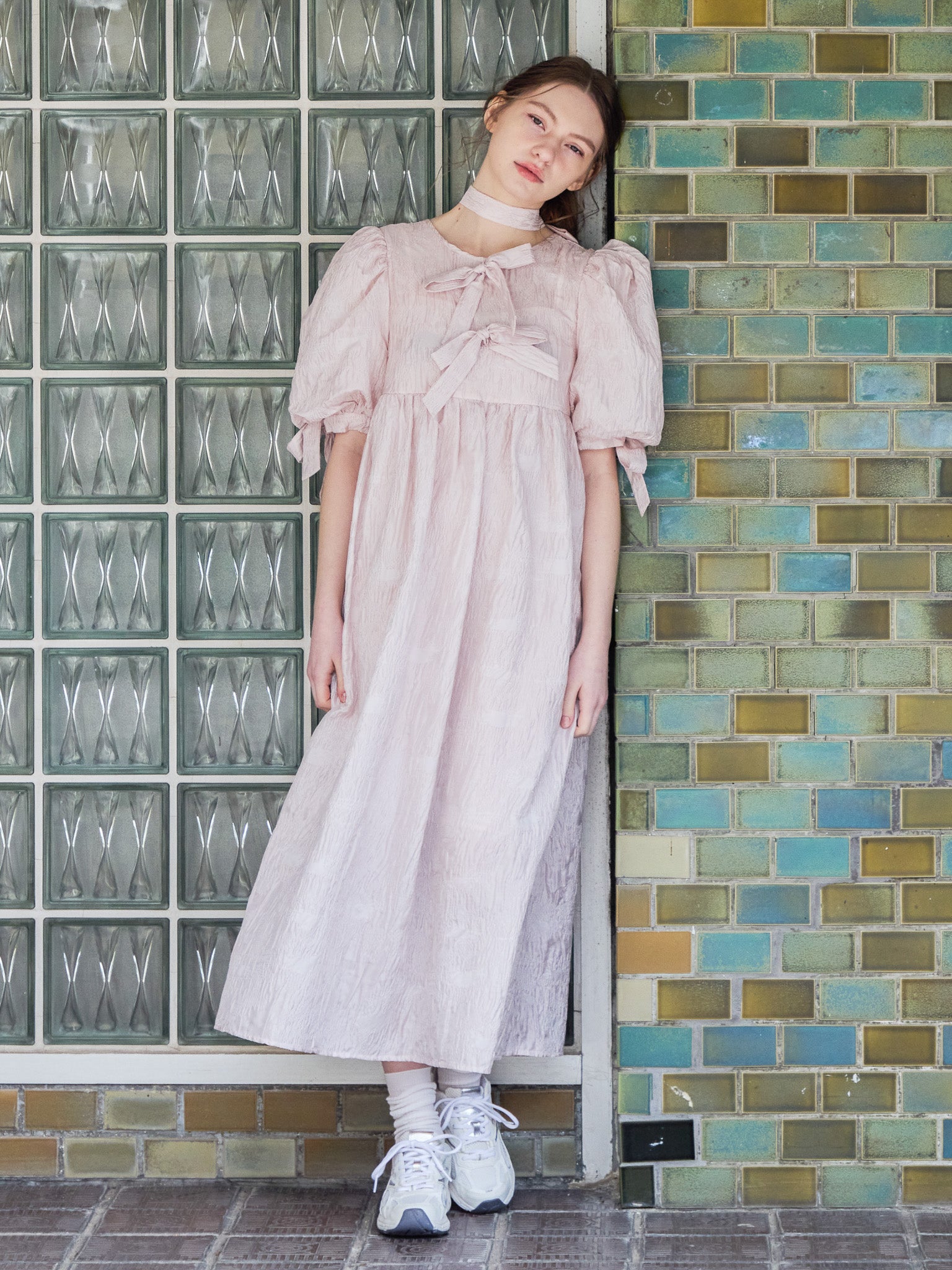 Ribbon jaquard volume dress ピンク size:M model:171cm ANIUTA