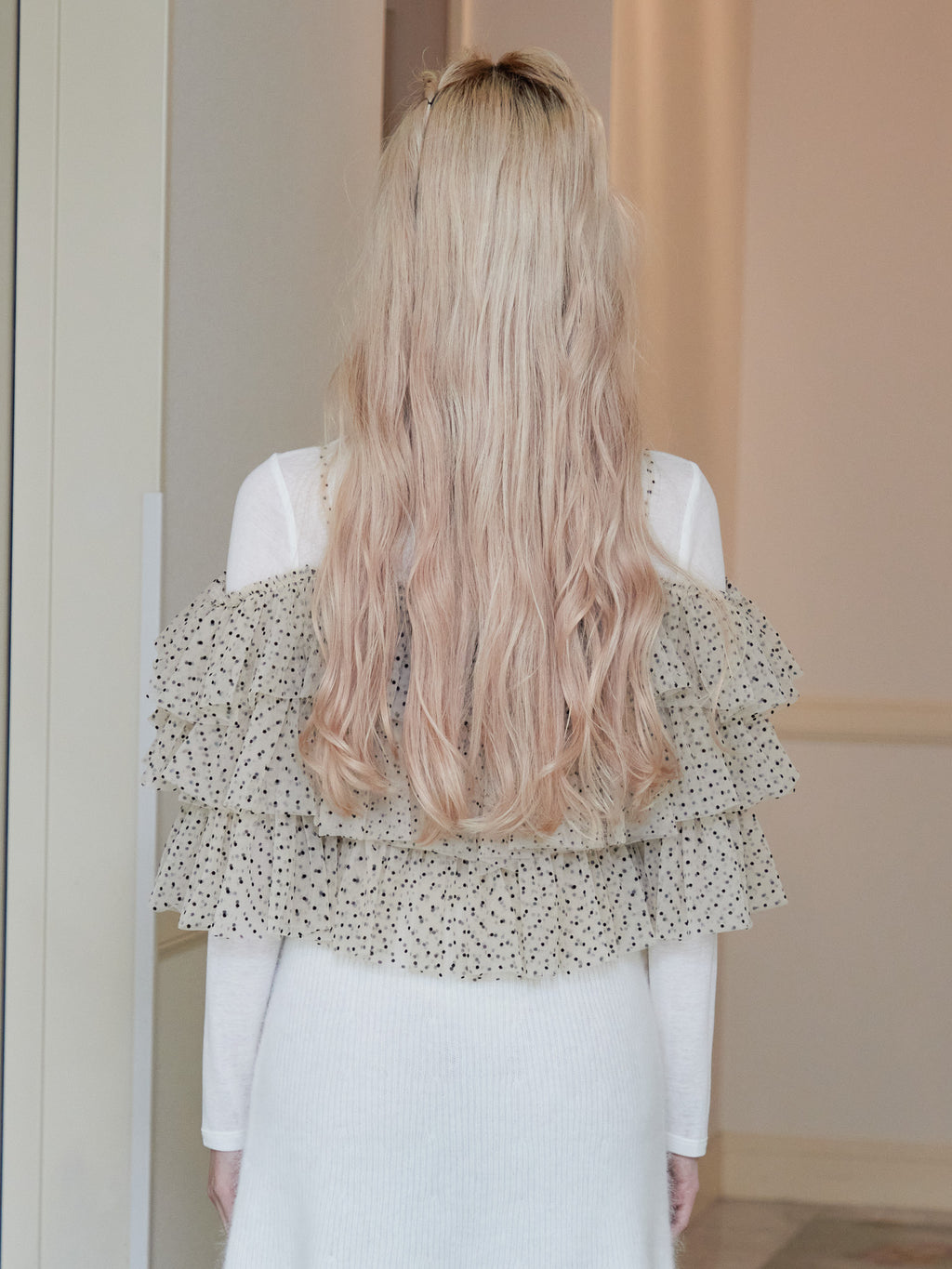 Dot tulle ruffle & knit top set ベージュ size:M model:163cm MINAMI