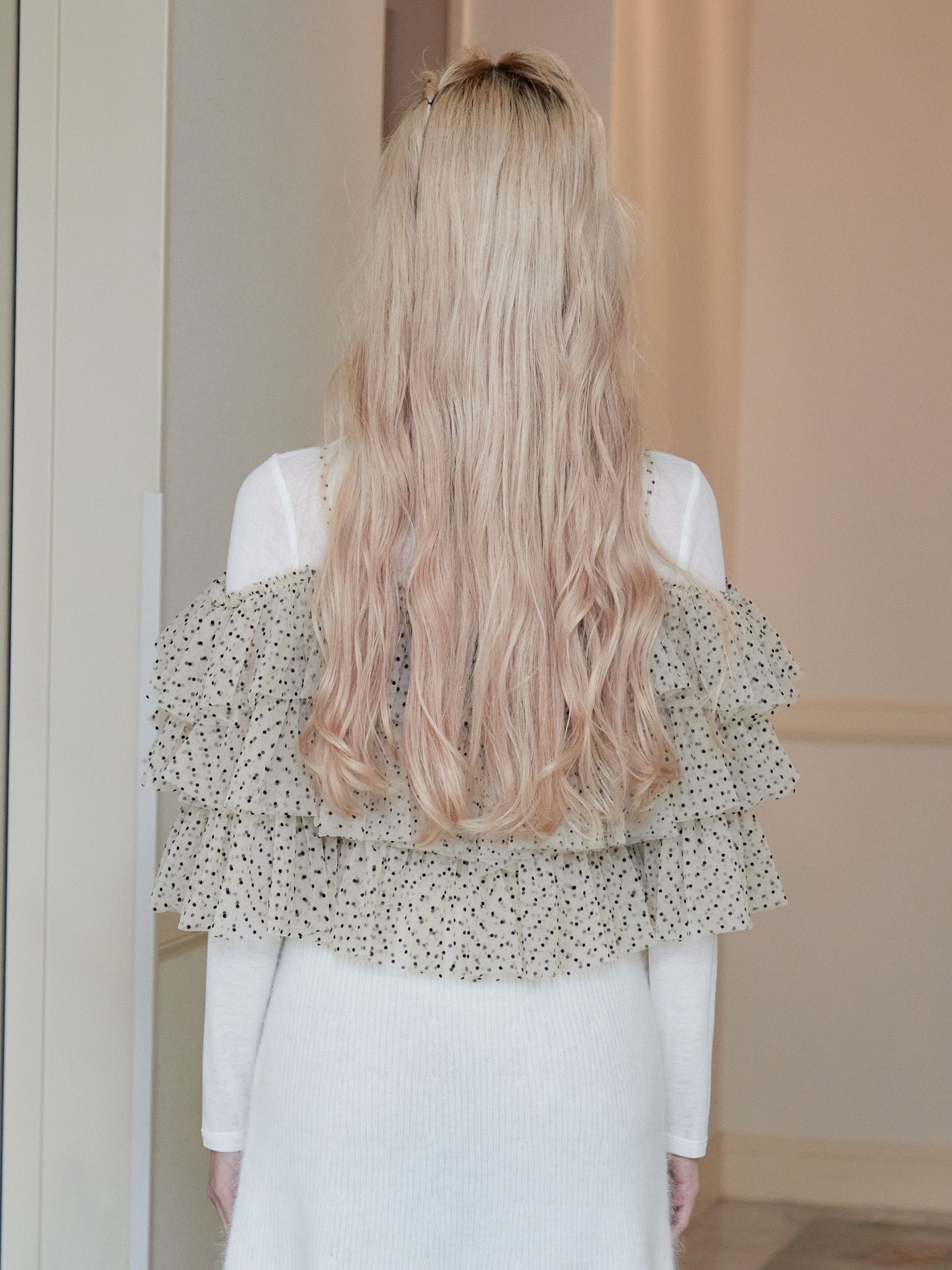 Dot tulle ruffle & knit top set ベージュ size:M model:163cm MINAMI