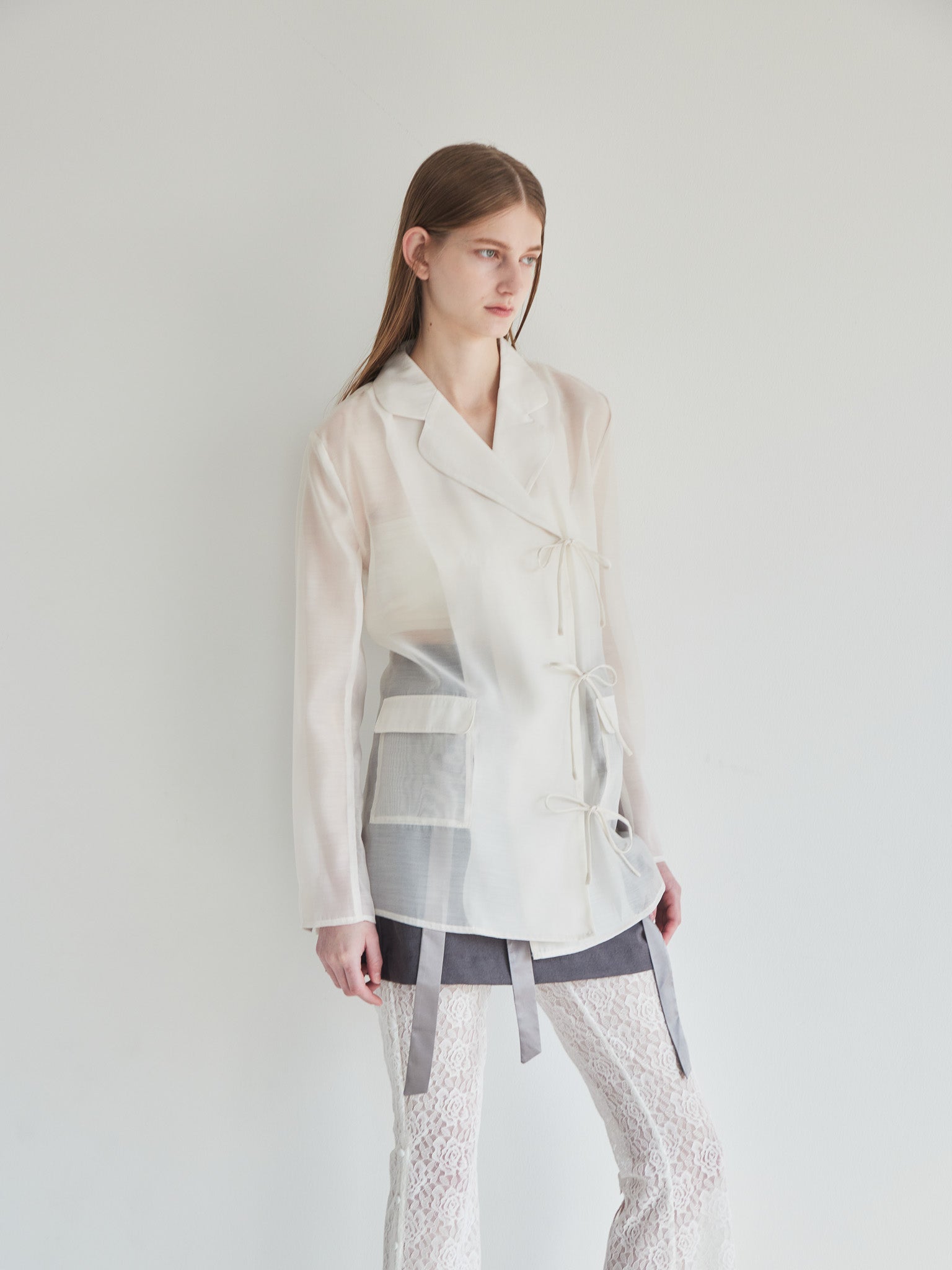 Ribbon sheer jacket アイボリー size:M model:174cm LERA