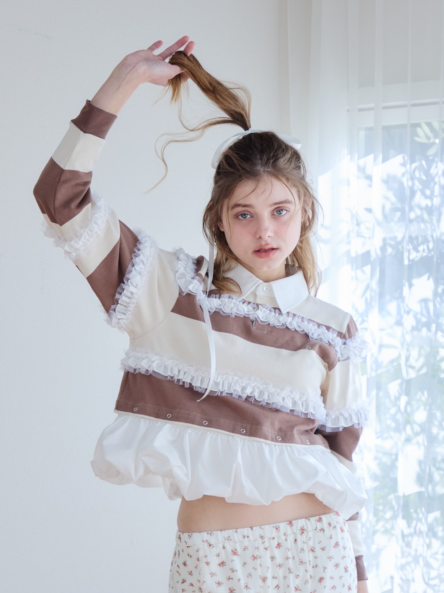 Balloon hem rugby shirt モカ size:M model:174cm KATERYNA