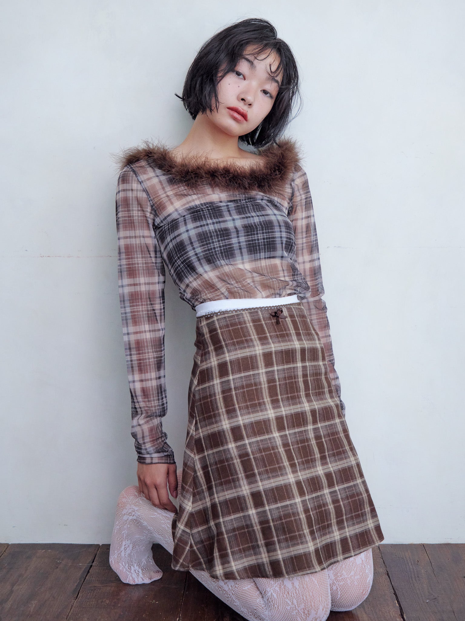 Fur trimmed sheer top ブラウン size:M model:161cm 富樫かなえ