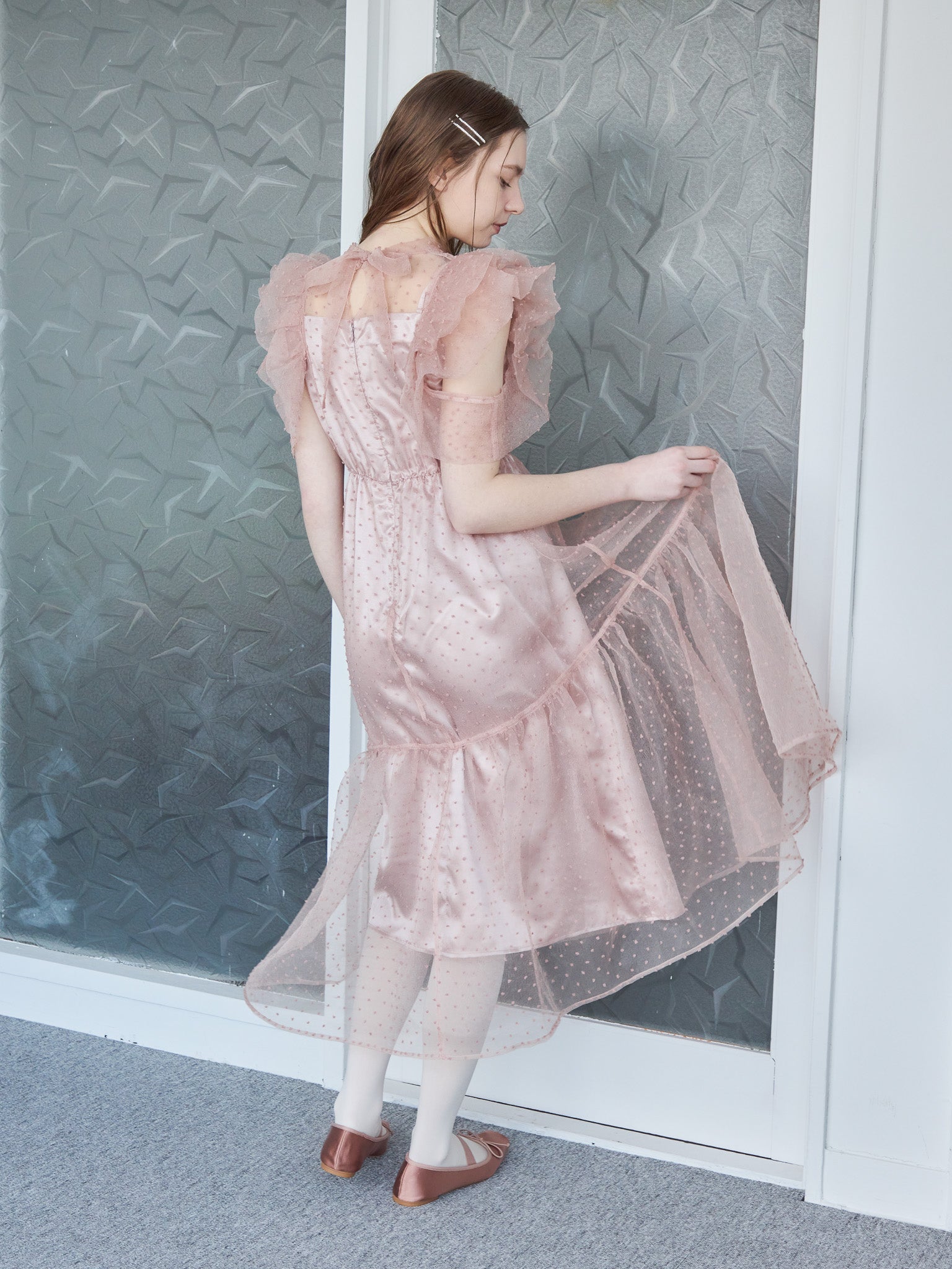 Dot organdy dress ピンクベージュ size:M model:171cm ANIUTA