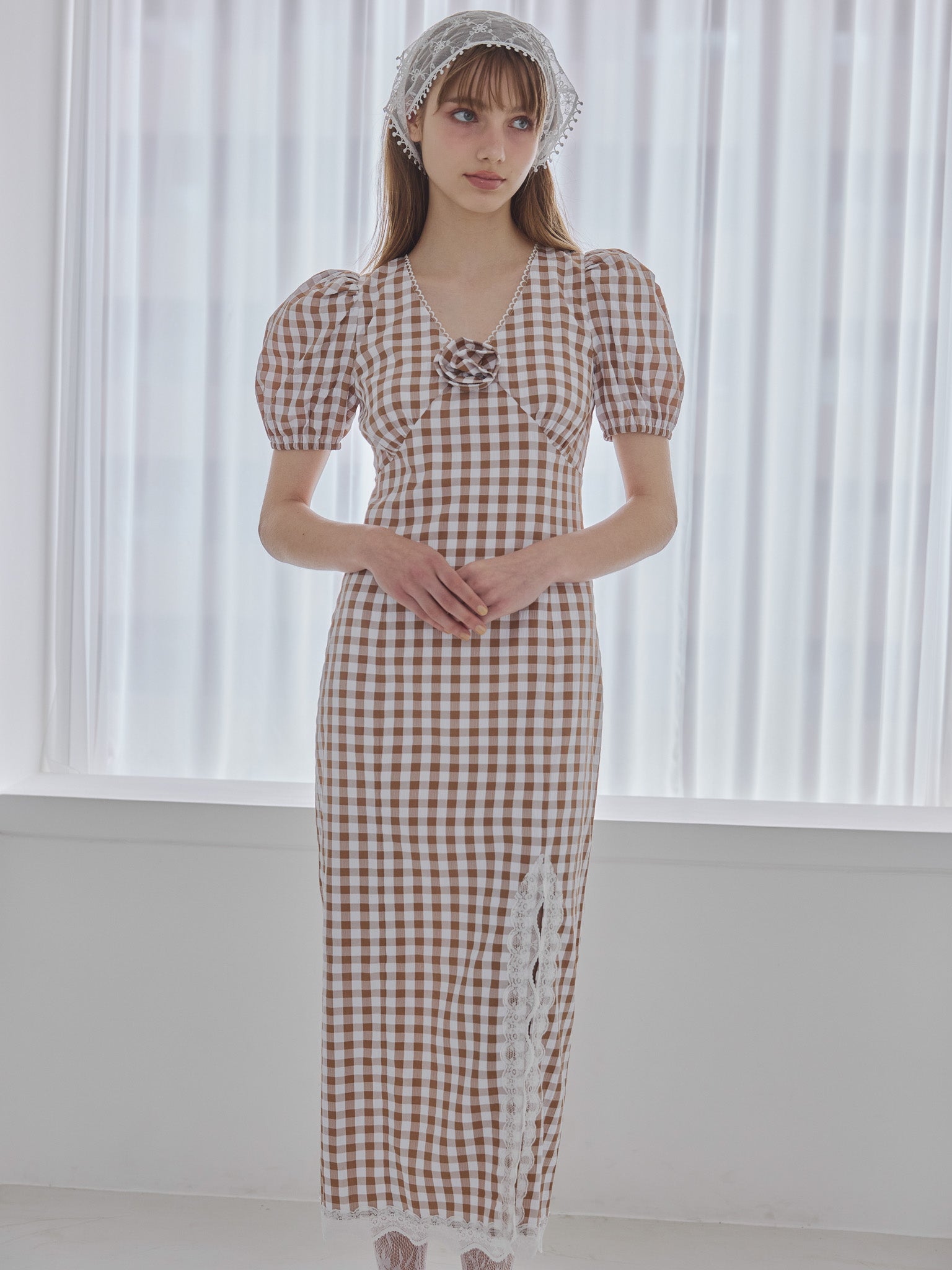 Rose gingham dress モカ size:M model:175cm MARTA