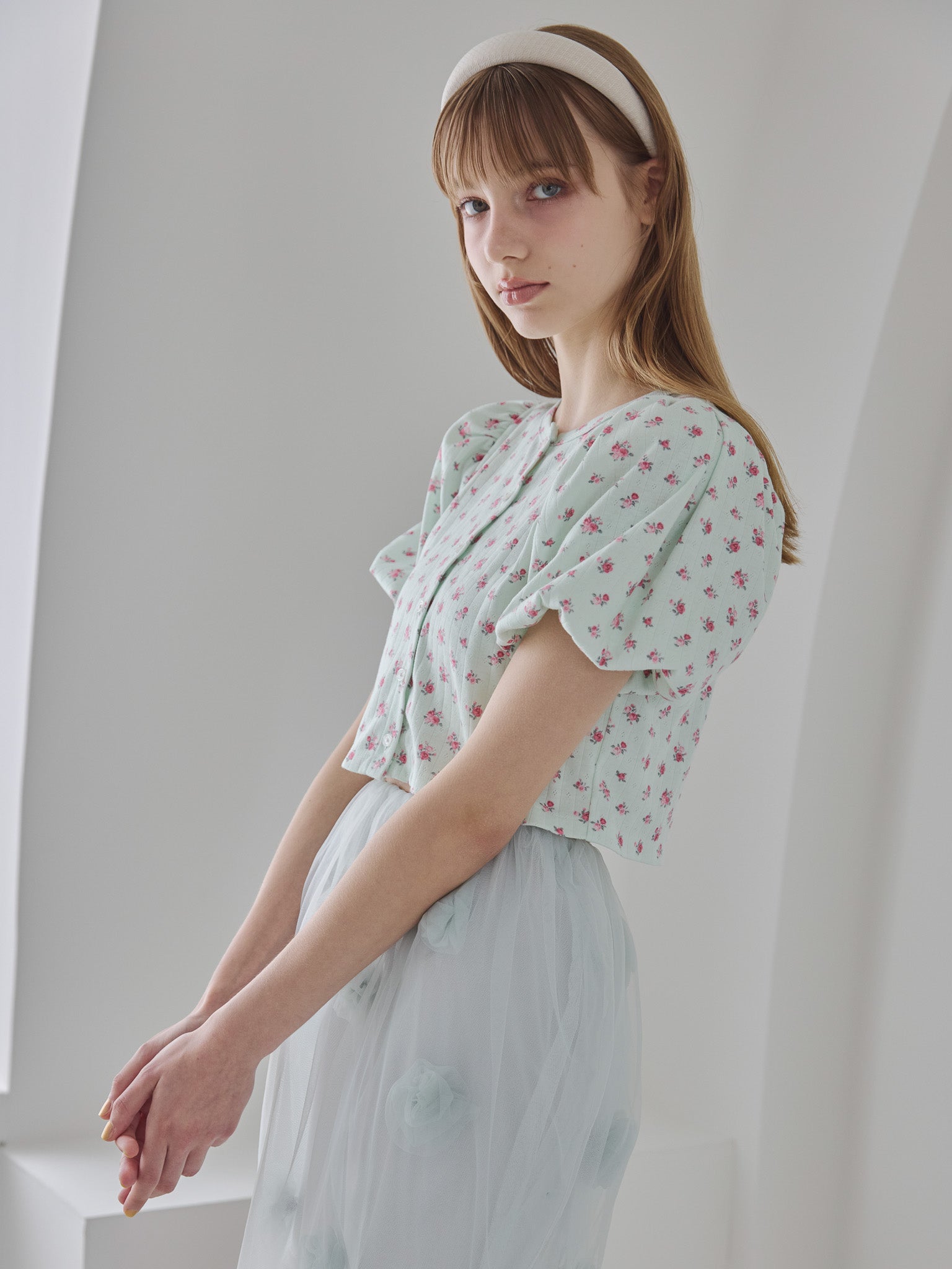 Tulle hem small floral print cardigan ミント size:M model:175cm MARTA