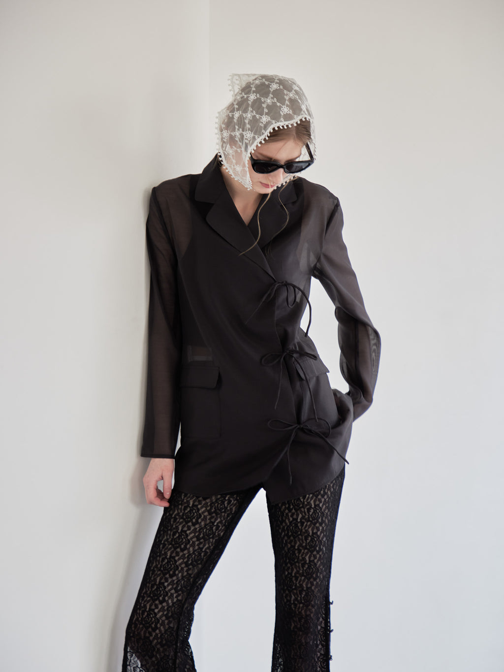Ribbon sheer jacket ブラック size:M model:174cm LERA