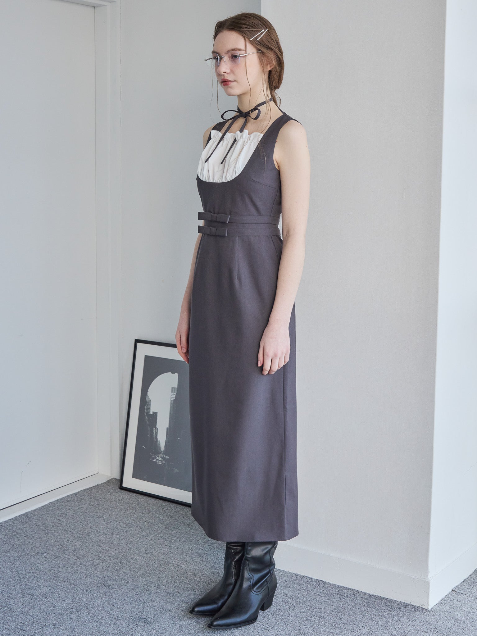 Ribbon waist dress グレー size:M model:171cm ANIUTA