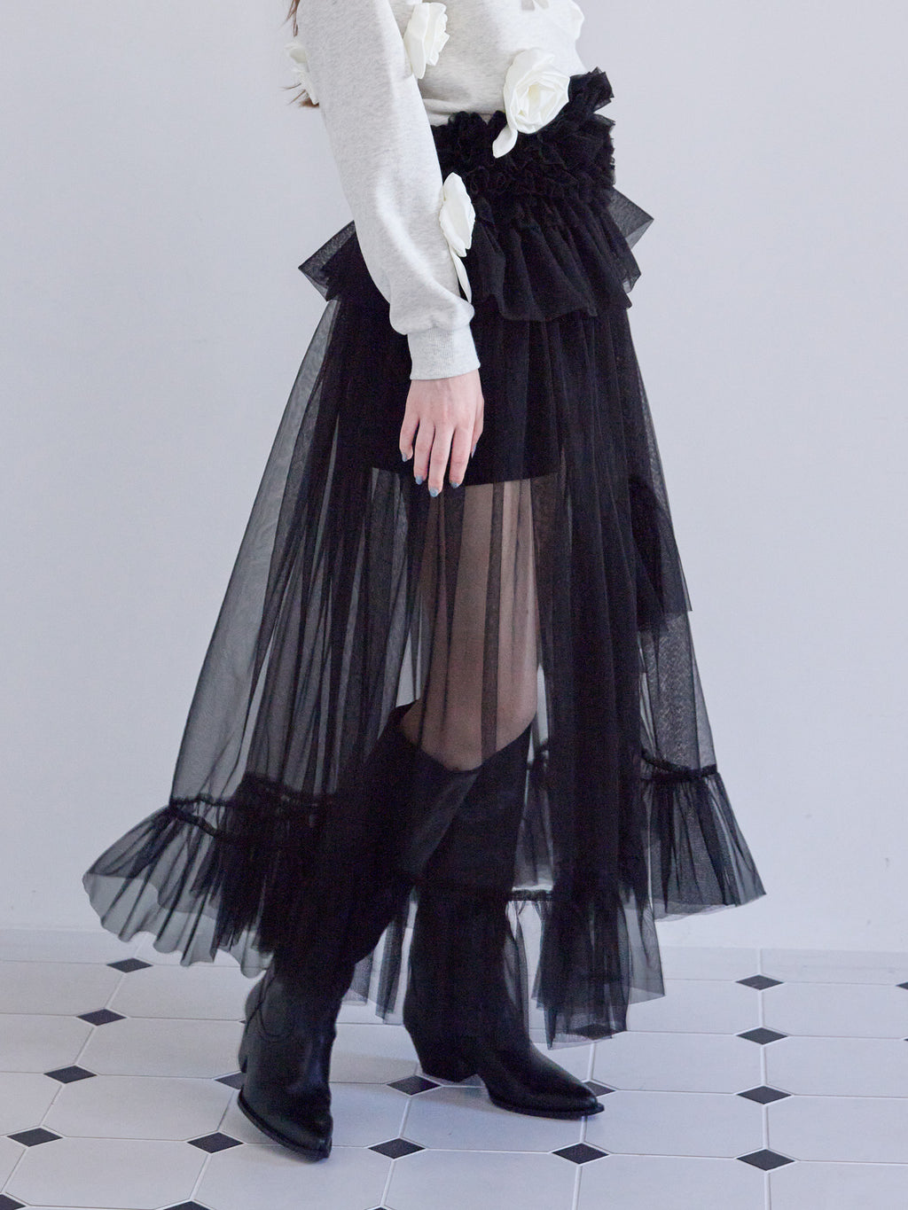 Frill tulle skirt & shorts set ブラック size:M model:173cm ALINA