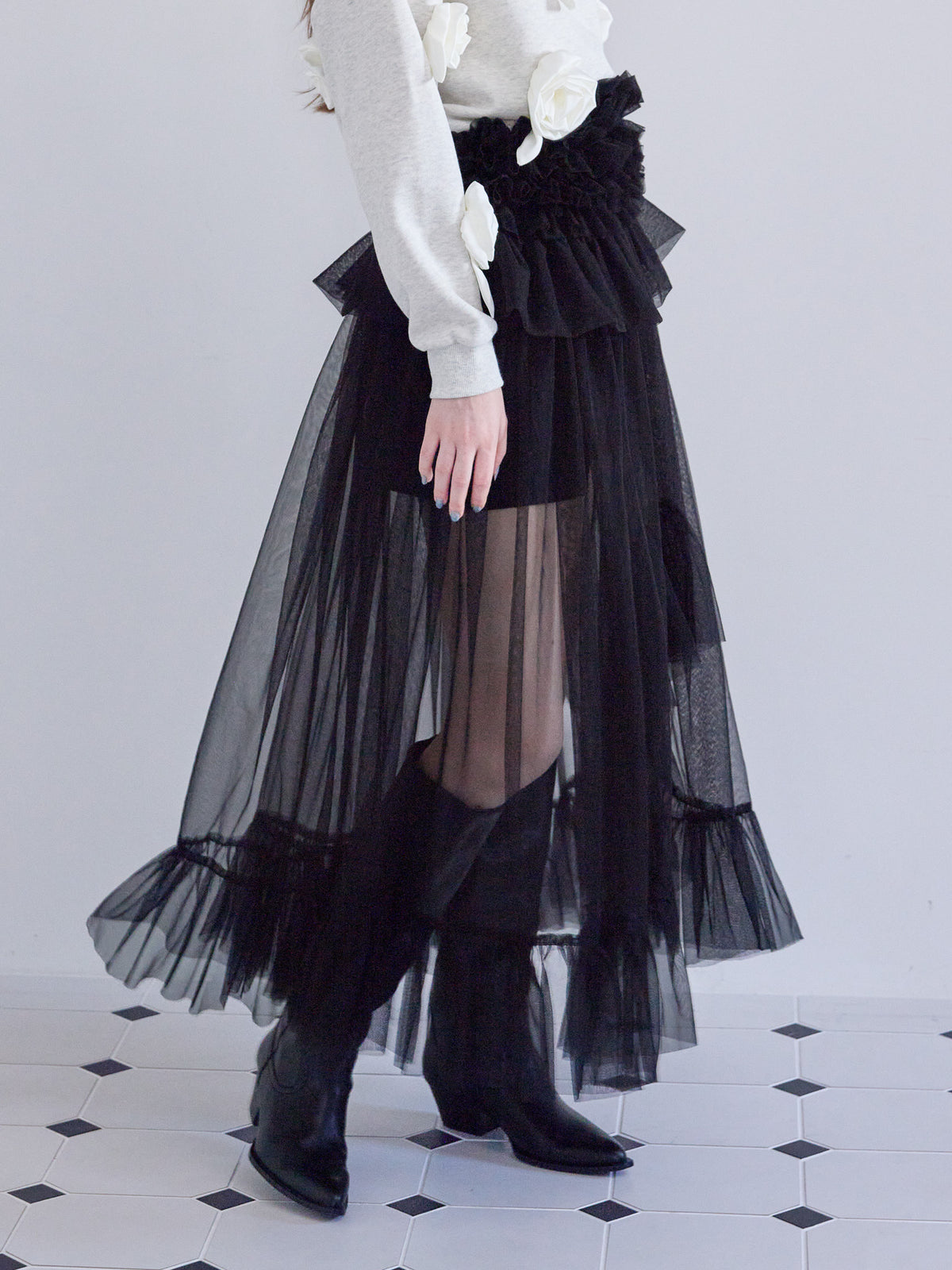 Frill tulle skirt & shorts set ブラック size:M model:173cm ALINA