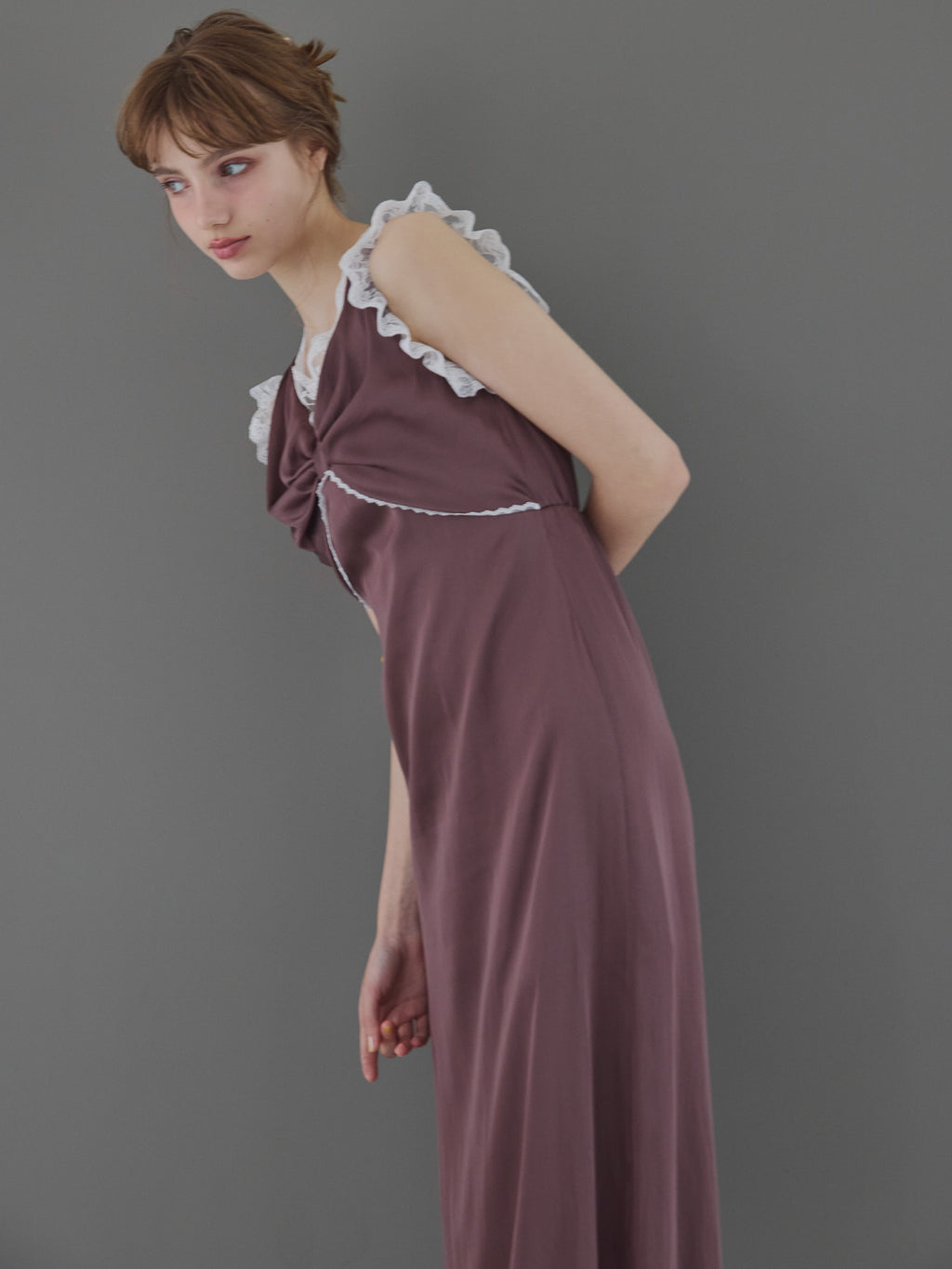 Lace trim satin ribbon dress モカ size:M model:175cm MARTA
