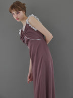 Lace trim satin ribbon dress モカ size:M model:175cm MARTA