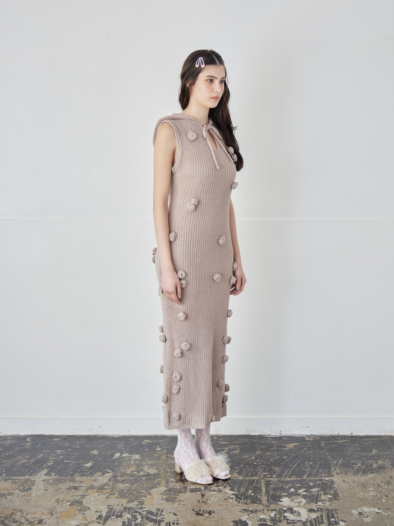 Rose knit hoodie dress モカ size:M model:172cm GINEVRA