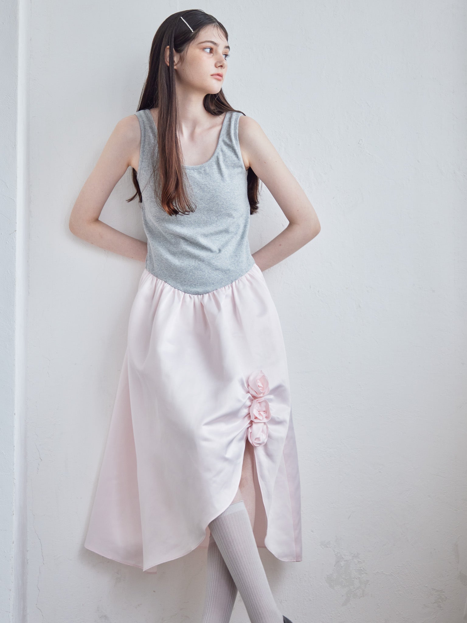 Rose satin docking rib dress ピンク size:M model:170cm ALICE