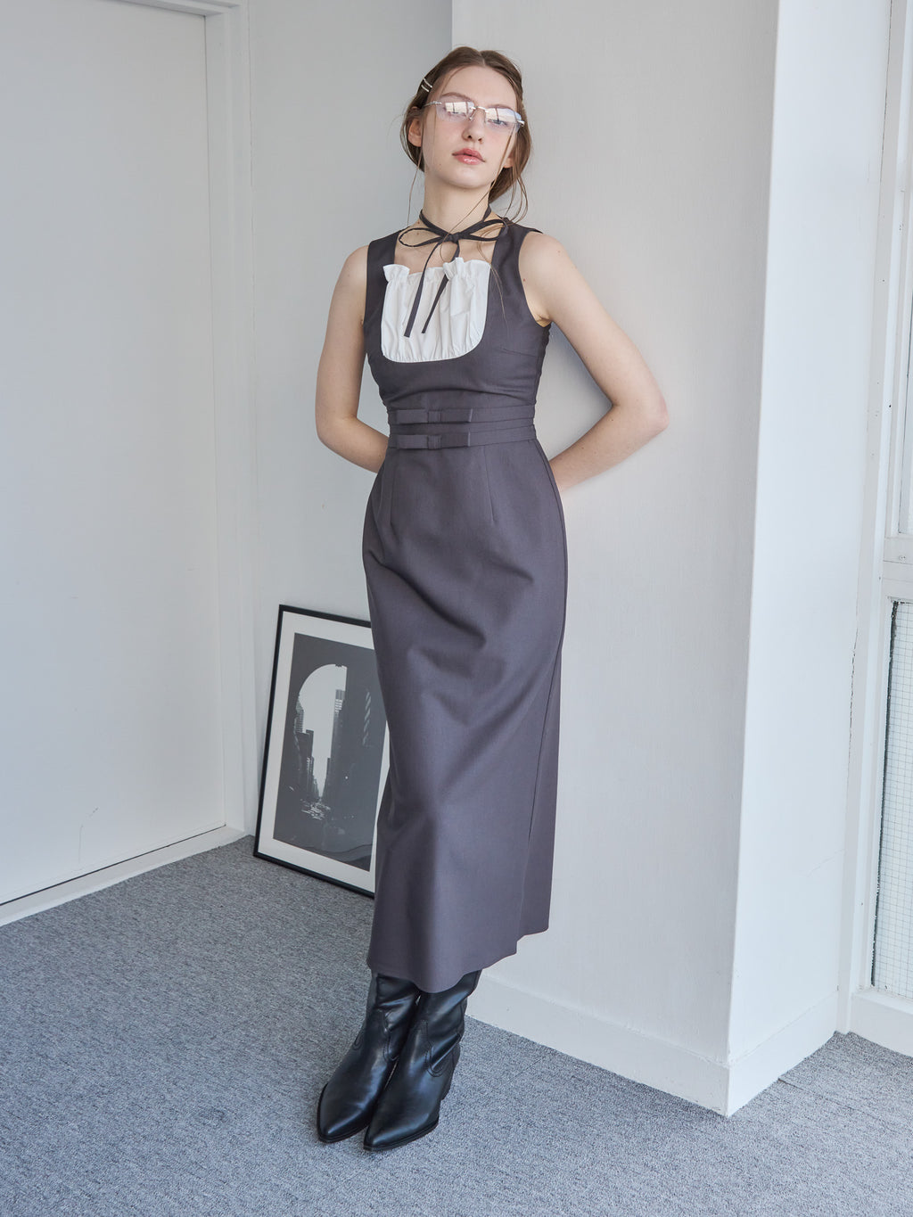 Ribbon waist dress グレー size:M model:171cm ANIUTA