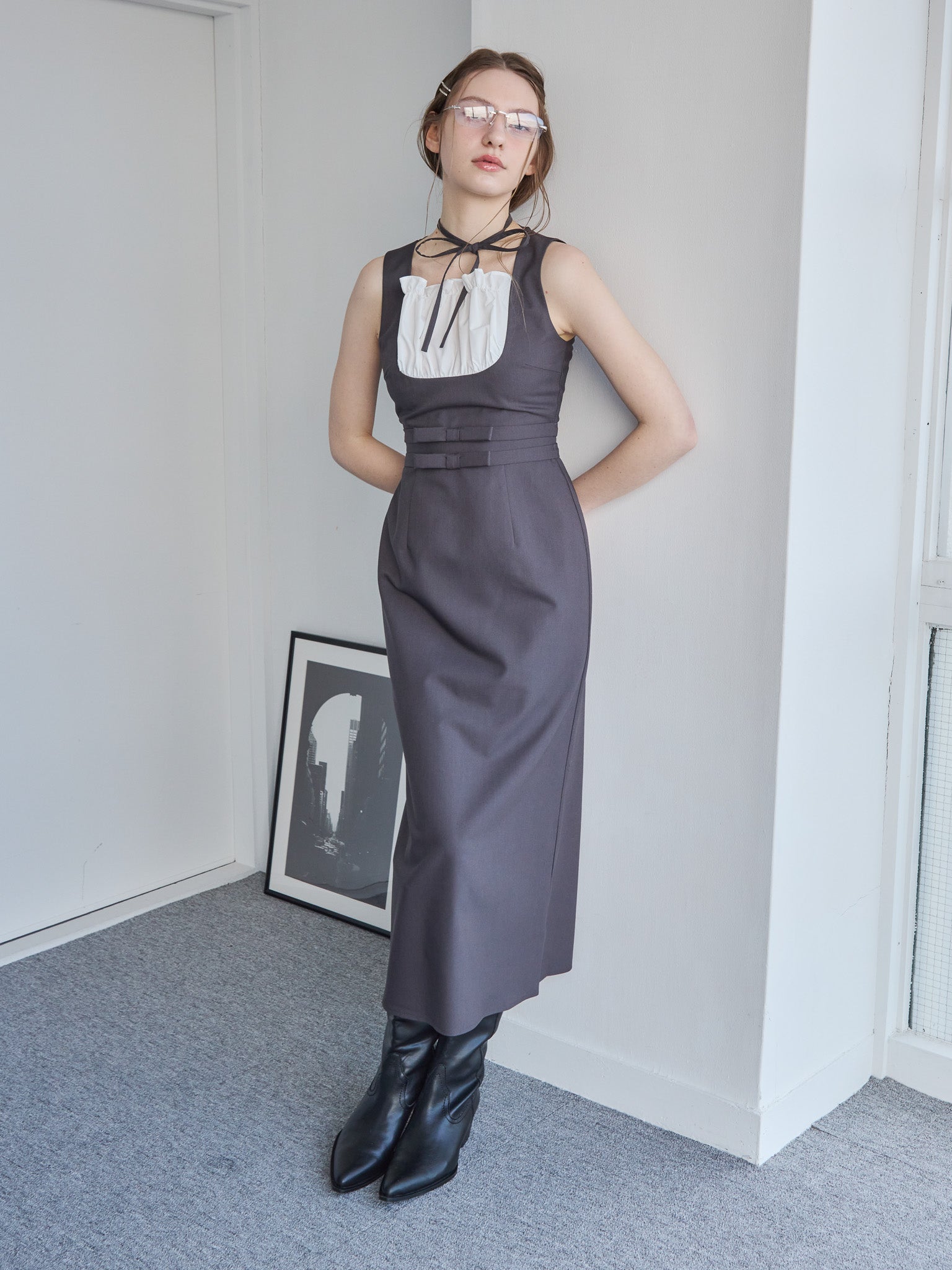 Ribbon waist dress グレー size:M model:171cm ANIUTA