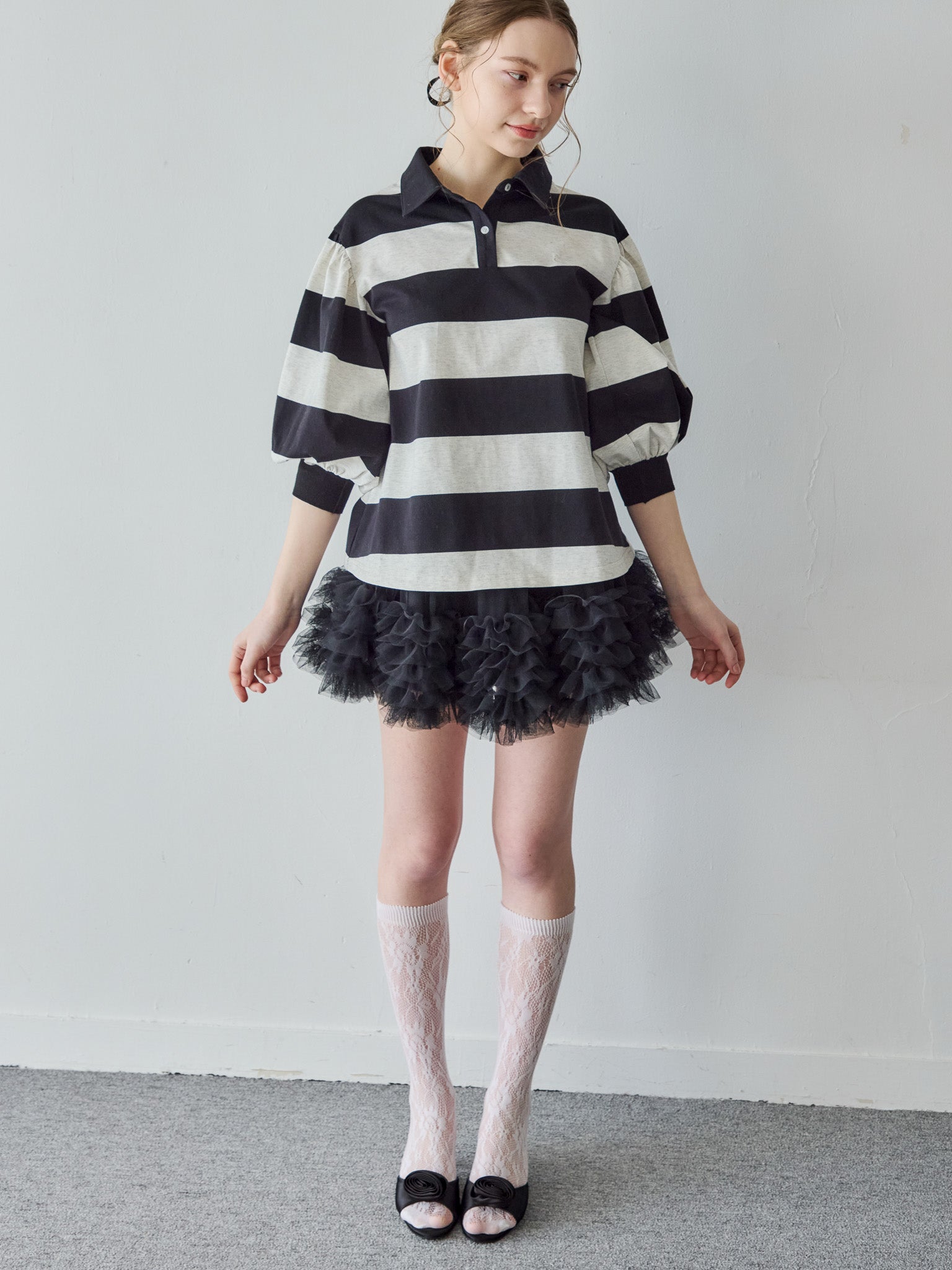 Rugby shirt and frill pants skirt ブラック size:M model:171cm ANIUTA