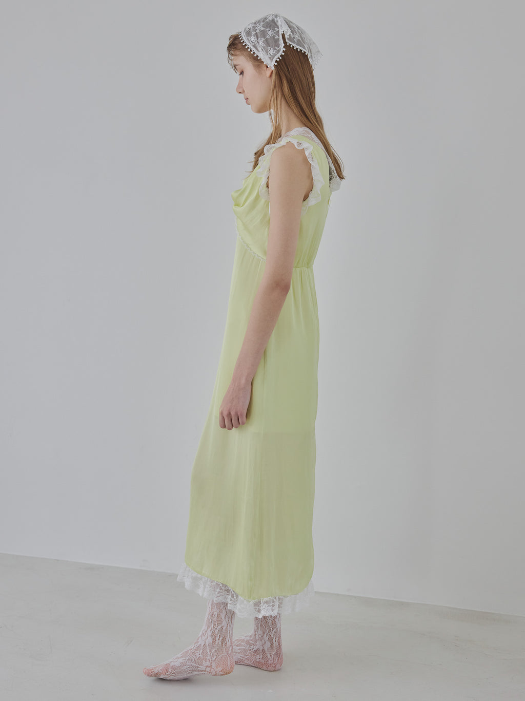 Lace trim satin ribbon dress ライム size:M model:175cm MARTA