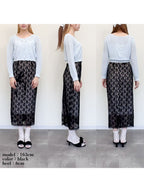 Ribbon embroidered lace tight skirt ブラック