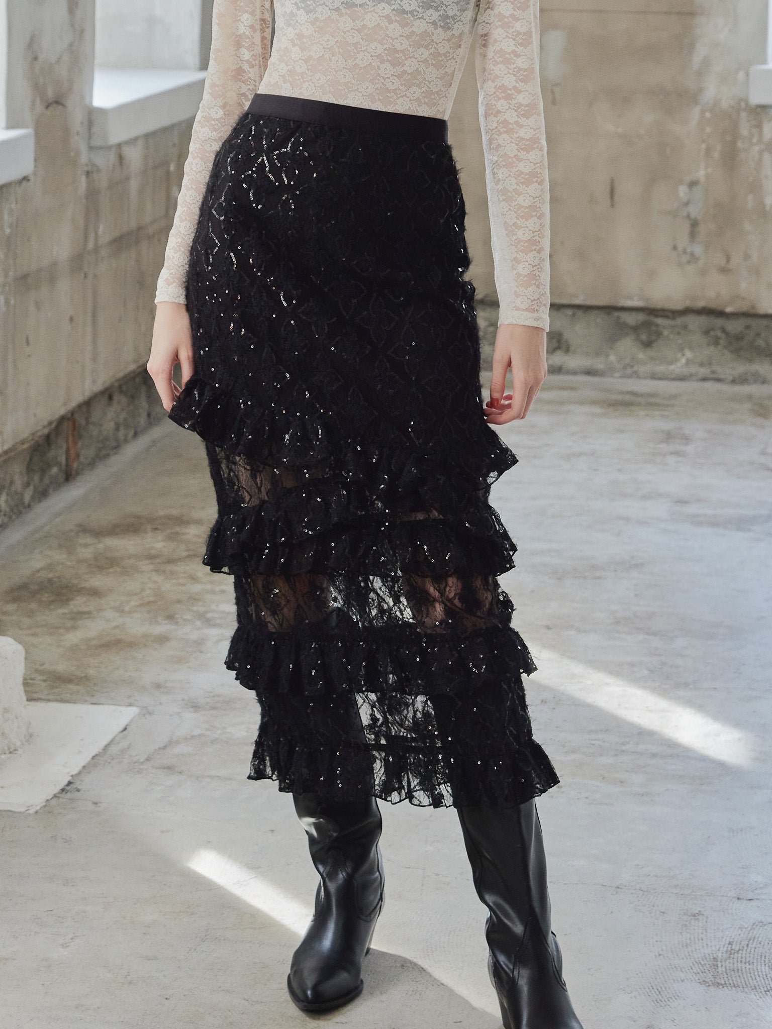 Shiny lace tiered skirt ブラック size:M model:173cm DASHA.G