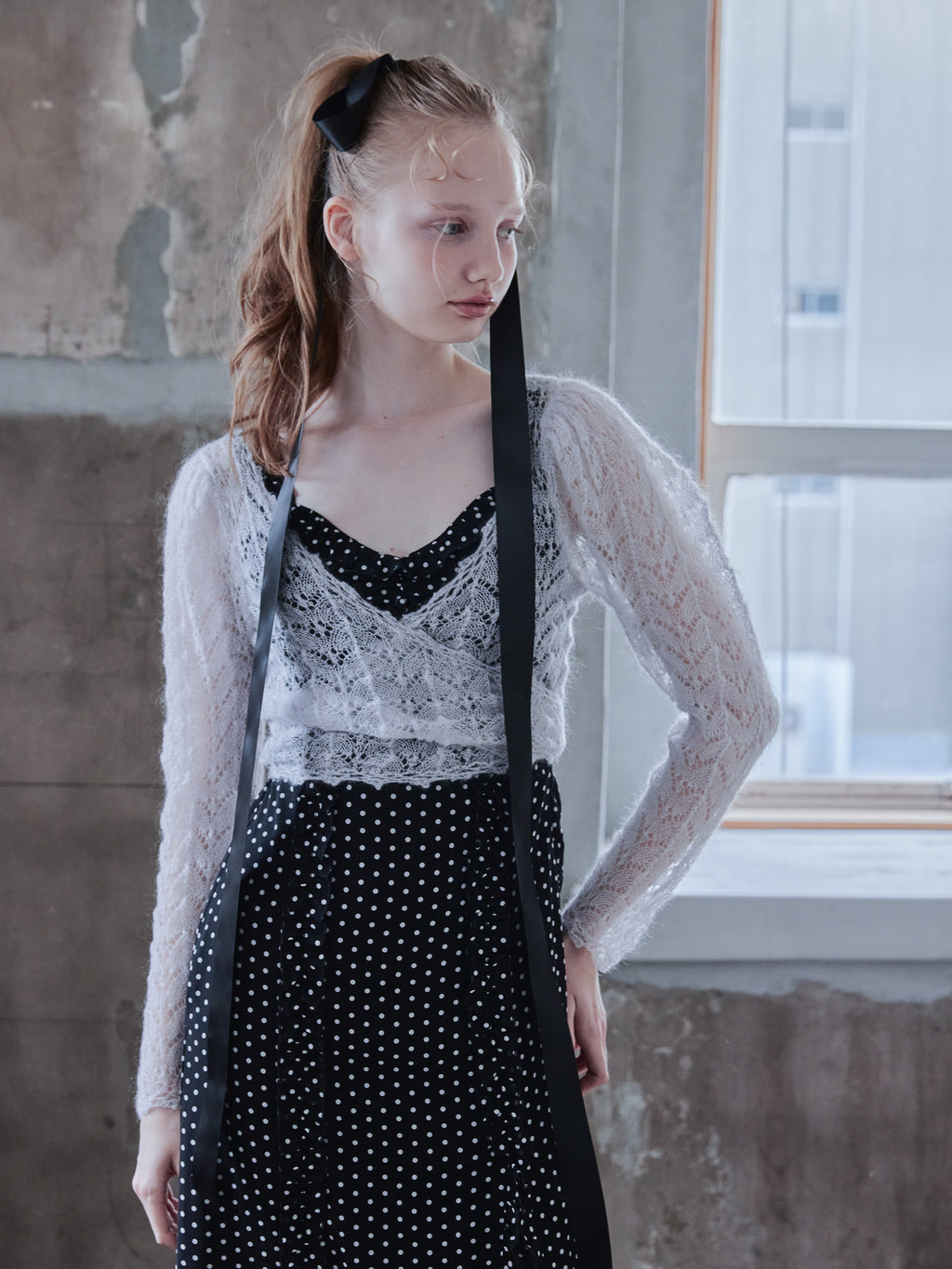 Mohair crochet ribbon cardigan ライトグレー size:M model:173cm DASHA.G