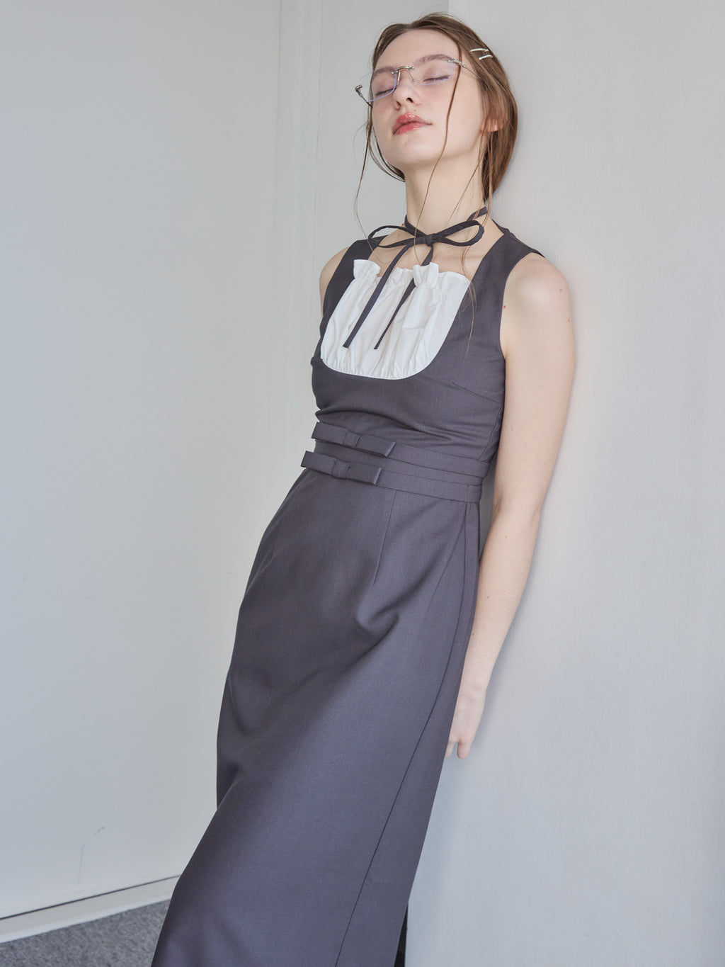 Ribbon waist dress グレー size:M model:171cm ANIUTA